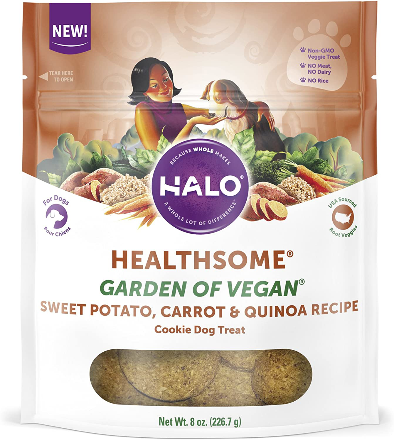 Halo Vegan Dog Treats, Grain-Free, Vegetarian, 8-Ounce Bag Animals & Pet Supplies > Pet Supplies > Dog Supplies > Dog Treats Halo Purely For Pets Sweet Potato, Carrot & Quinoa Recipe 8 Oz 