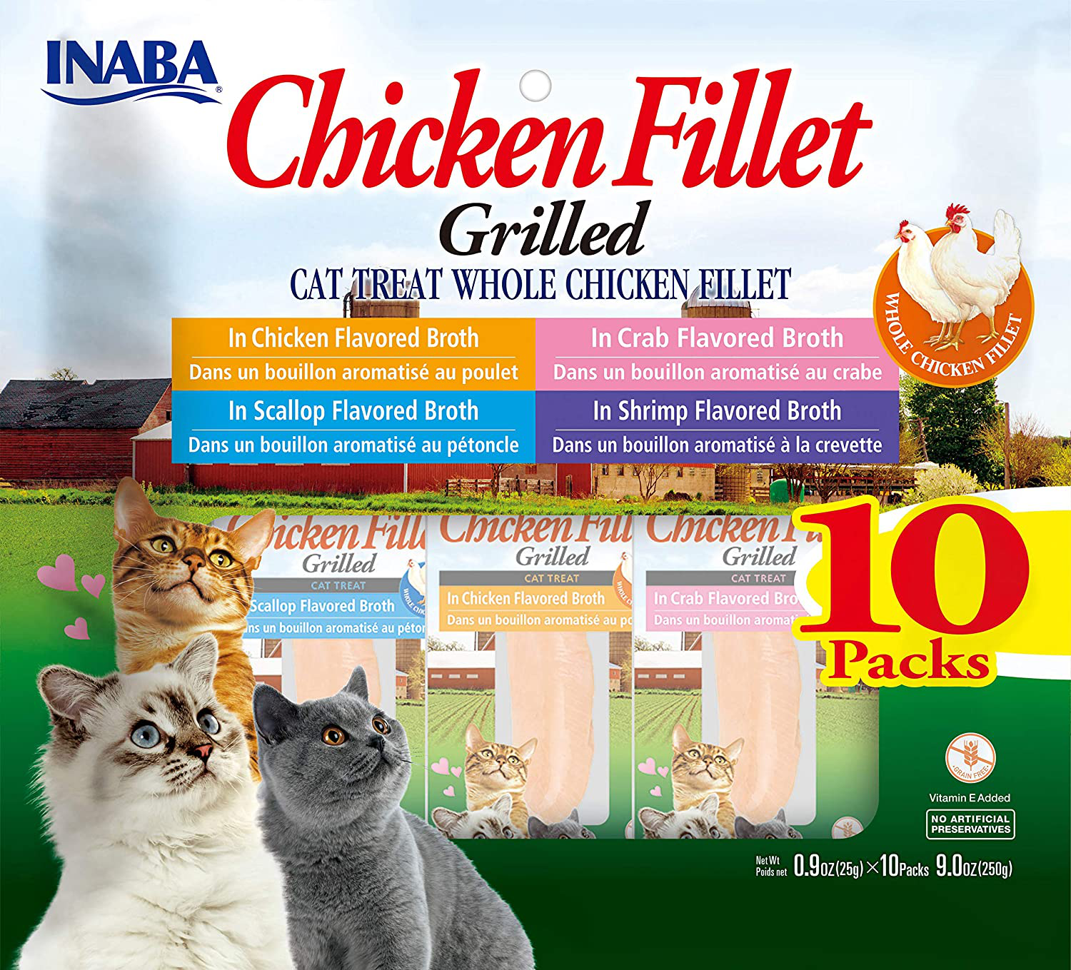 INABA Natural, Premium Hand-Cut Grilled Chicken Fillet Cat Treats/Topper/Complement with Vitamin E and Green Tea Extract, 0.9 Ounces Each