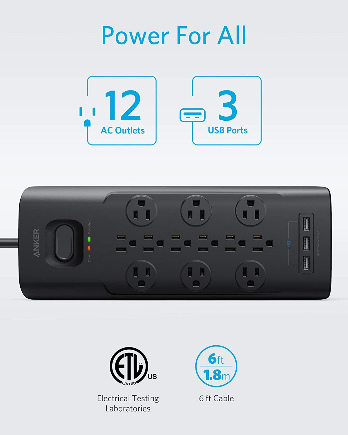 Anker Power Strip Surge Protector, 12 Outlets & 3 USB Ports with Flat Plug, 6Ft Extension Cord, Poweriq for Iphone Xs/Xs Max/Xr/X, Galaxy, for Home, Office, and More (4000 Joules) Animals & Pet Supplies > Pet Supplies > Dog Supplies > Dog Treadmills Anker   