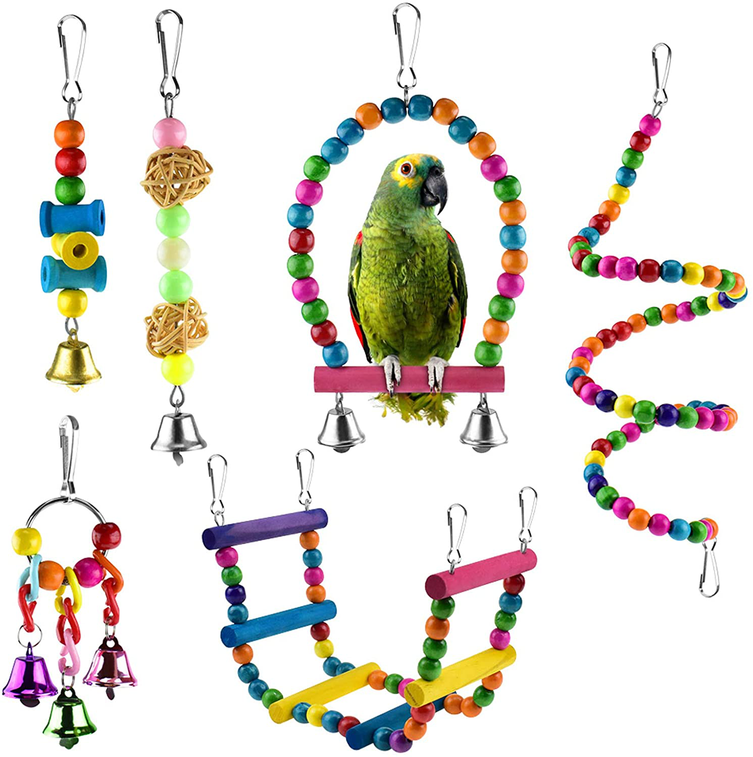 KATUMO 6 Pcs Bird Parrot Toys, Bird Swing Toy Colorful Chewing Hanging Hammock Swing Bell Pet Climbing Ladders Toys Bird Toys for Parrots, Parakeet, Conure, Cockatiel, Mynah, Love Birds Animals & Pet Supplies > Pet Supplies > Bird Supplies > Bird Ladders & Perches KATUMO   