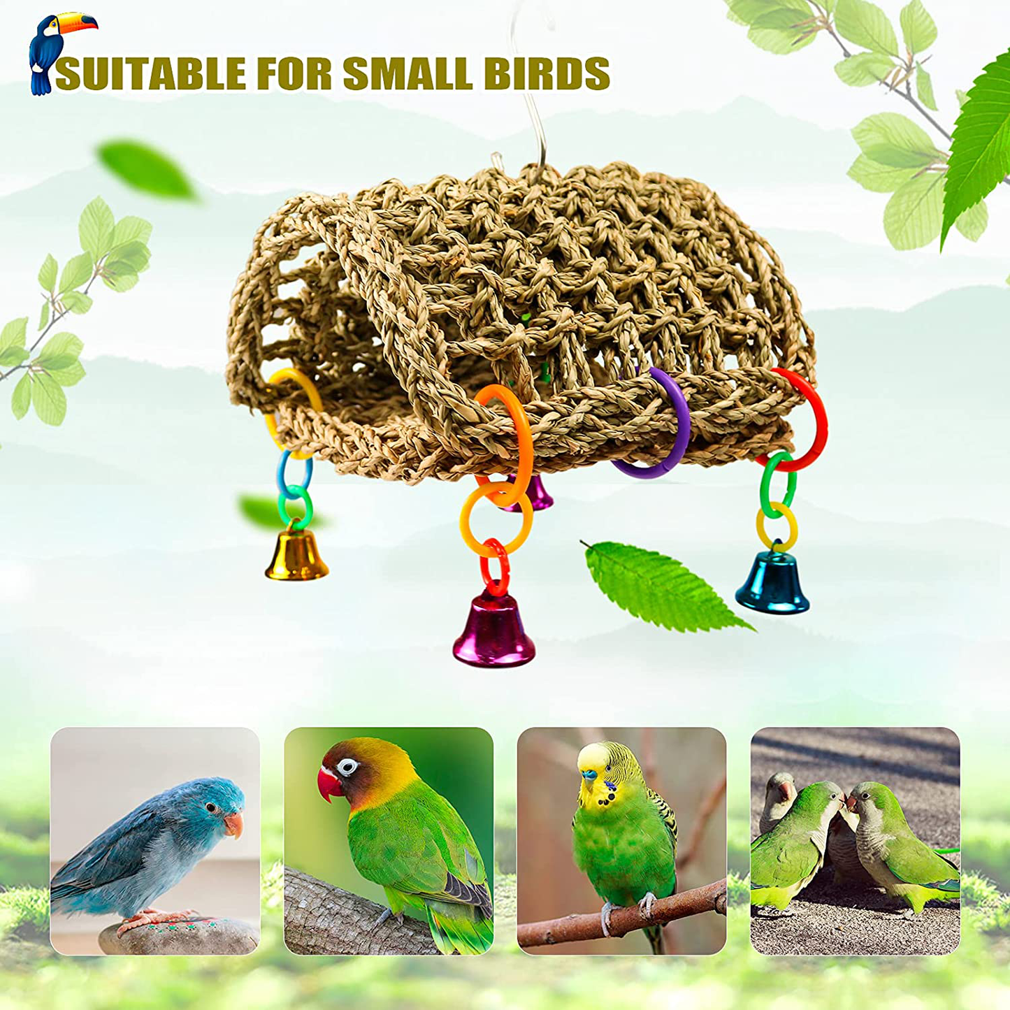 Bird Seagrass Hammock DIY Toys,Parrot Nest House Shed Hut Hanging Hammock Cage Tent Parakeet Perch Stand Climb Ladder Cage Toys for Conure Lovebird Budgie Cockatiel Finch Cockatoo Animals & Pet Supplies > Pet Supplies > Bird Supplies > Bird Ladders & Perches Roundler   