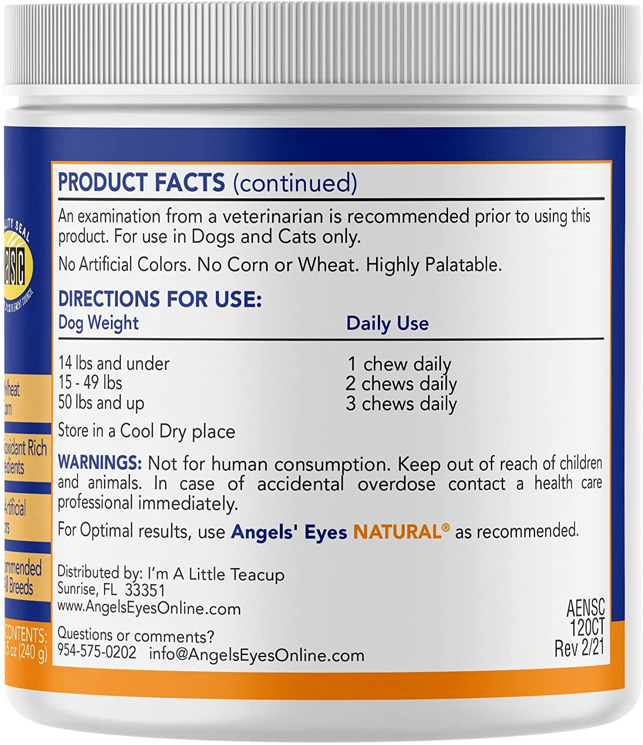 Angel'S Eyes NATURAL Tear Stain Prevention Soft Chews for Dogs - 120 Ct - Chicken Formula (AENSC120D) Animals & Pet Supplies > Pet Supplies > Small Animal Supplies > Small Animal Treats Angel's Eyes   