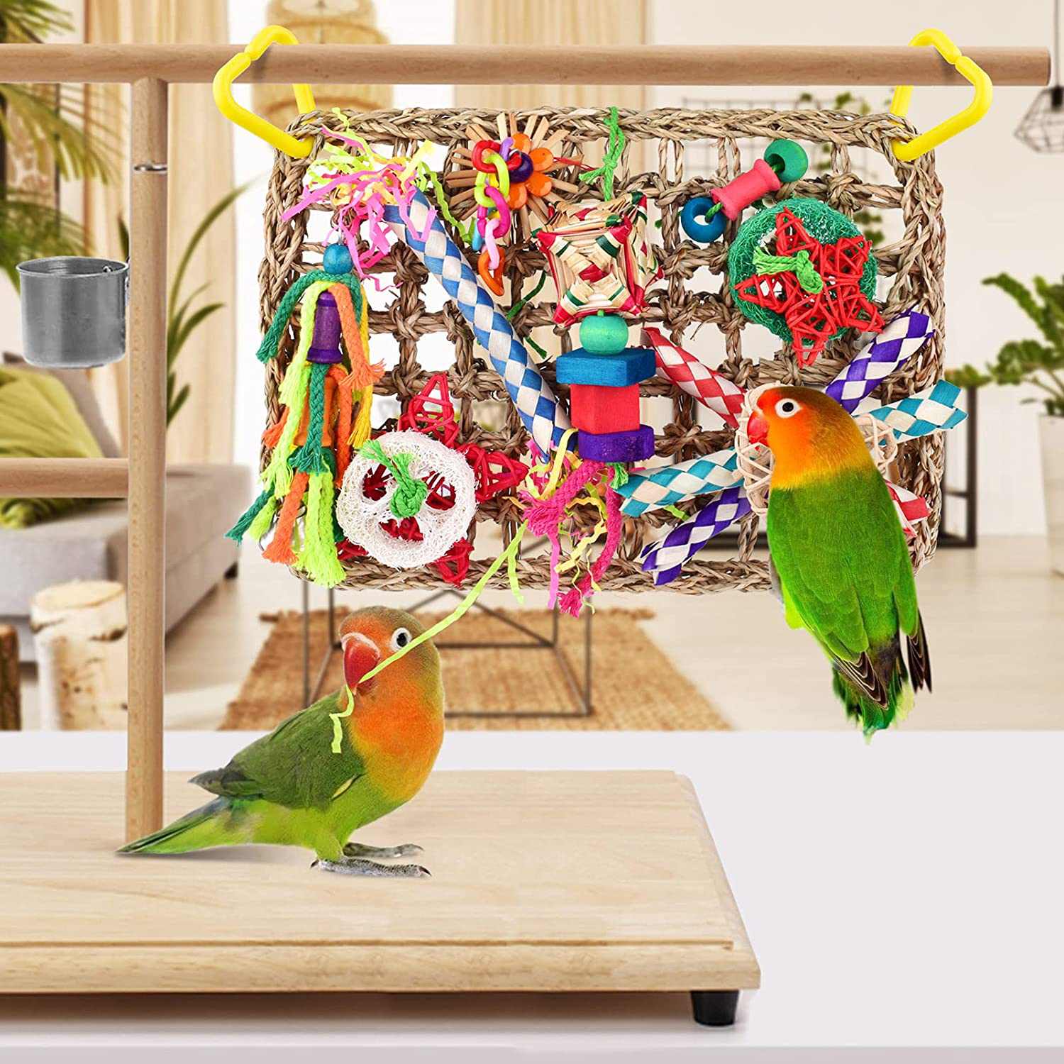 KATUMO Bird Toys, Bird Foraging Wall Toy, Edible Seagrass Woven Climbing Hammock Mat with Colorful Chewing Toys, Suitable for Lovebirds, Finch, Parakeets, Budgerigars, Conure, Cockatiel Animals & Pet Supplies > Pet Supplies > Bird Supplies > Bird Toys KATUMO   