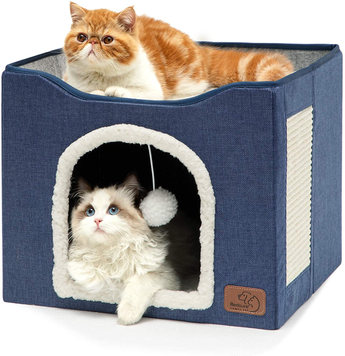 Bedsure Cat Beds for Indoor Cats - Large Cat Cave for Pet Cat House with Fluffy Ball Hanging and Scratch Pad, Foldable Cat Hidewawy,16.5X16.5X14 Inches Animals & Pet Supplies > Pet Supplies > Cat Supplies > Cat Furniture Bedsure Blue  