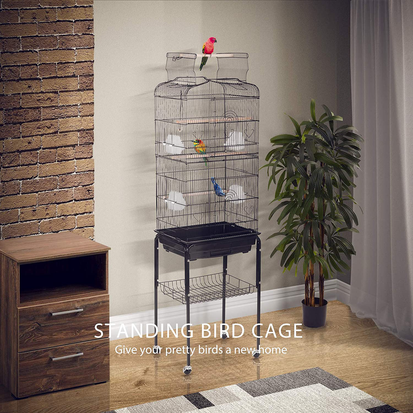 VIVOHOME 59.8 Inch Wrought Iron Bird Cage with Play Top and Rolling Stand for Parrots Conures Lovebird Cockatiel Parakeets Animals & Pet Supplies > Pet Supplies > Bird Supplies > Bird Cage Accessories VIVOHOME   
