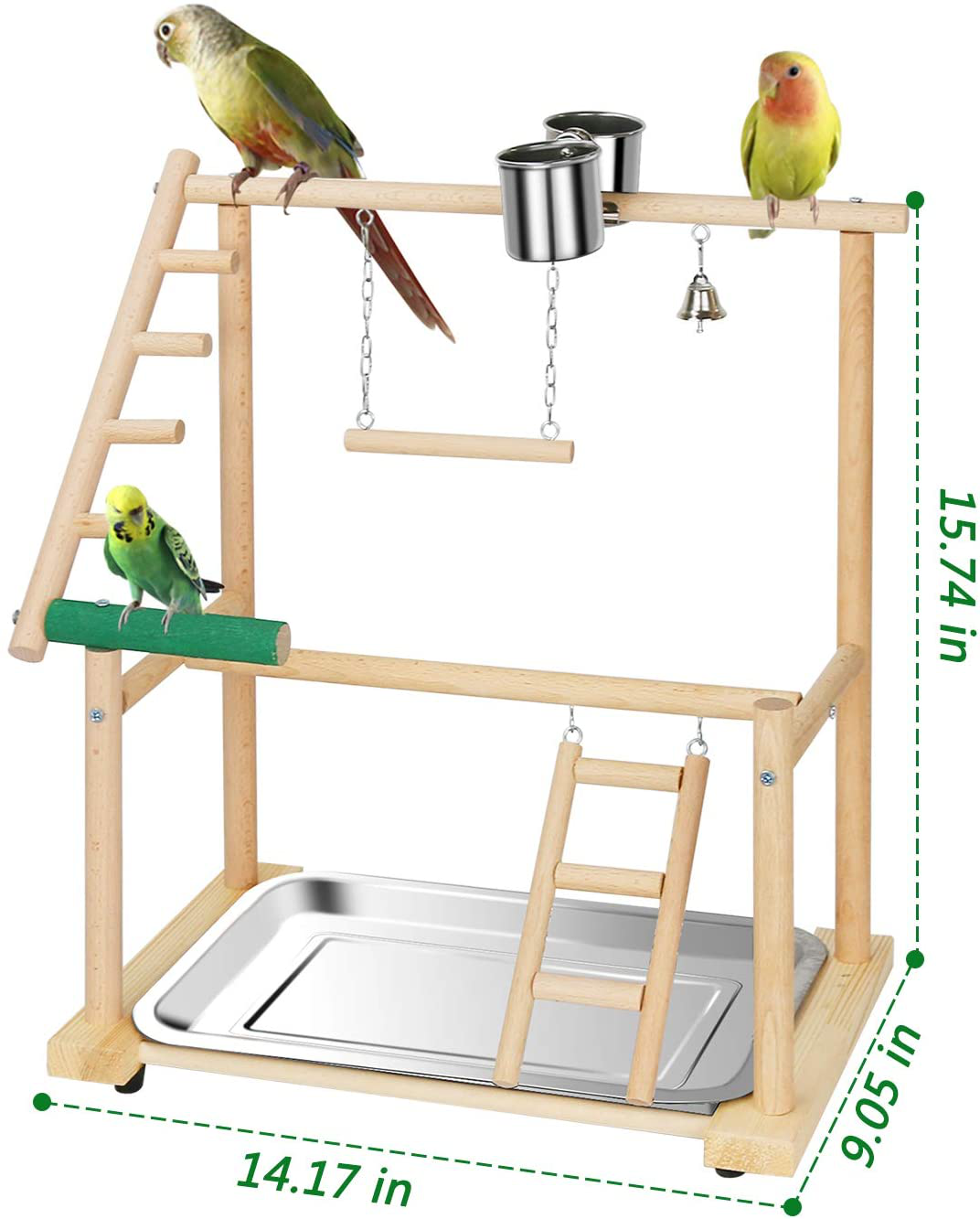 Ozzptuu Bird Playground Natural Wood Small/Medium Parrot Playstand Pet Bird Feeder Perch Stand with Seed Cups Ladder Hanging Swing Animals & Pet Supplies > Pet Supplies > Bird Supplies > Bird Gyms & Playstands Ozzptuu   