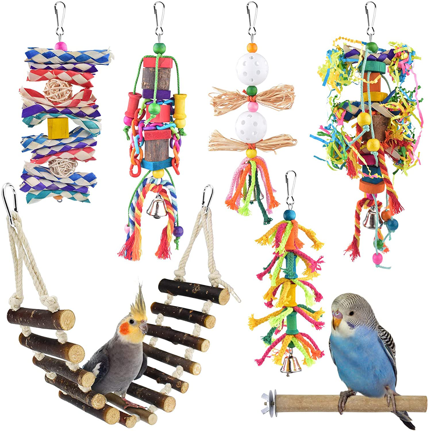 KATUMO Small Bird Toys, Natural Wood Ladder Colorful Bamboo Hanging Shredding Toys Parrot Chew Wooden Blocks Bird Perch for Parakeets, Conures, Cockatiels, Budgies, Love Birds and Other Small Birds Animals & Pet Supplies > Pet Supplies > Bird Supplies > Bird Ladders & Perches KATUMO   