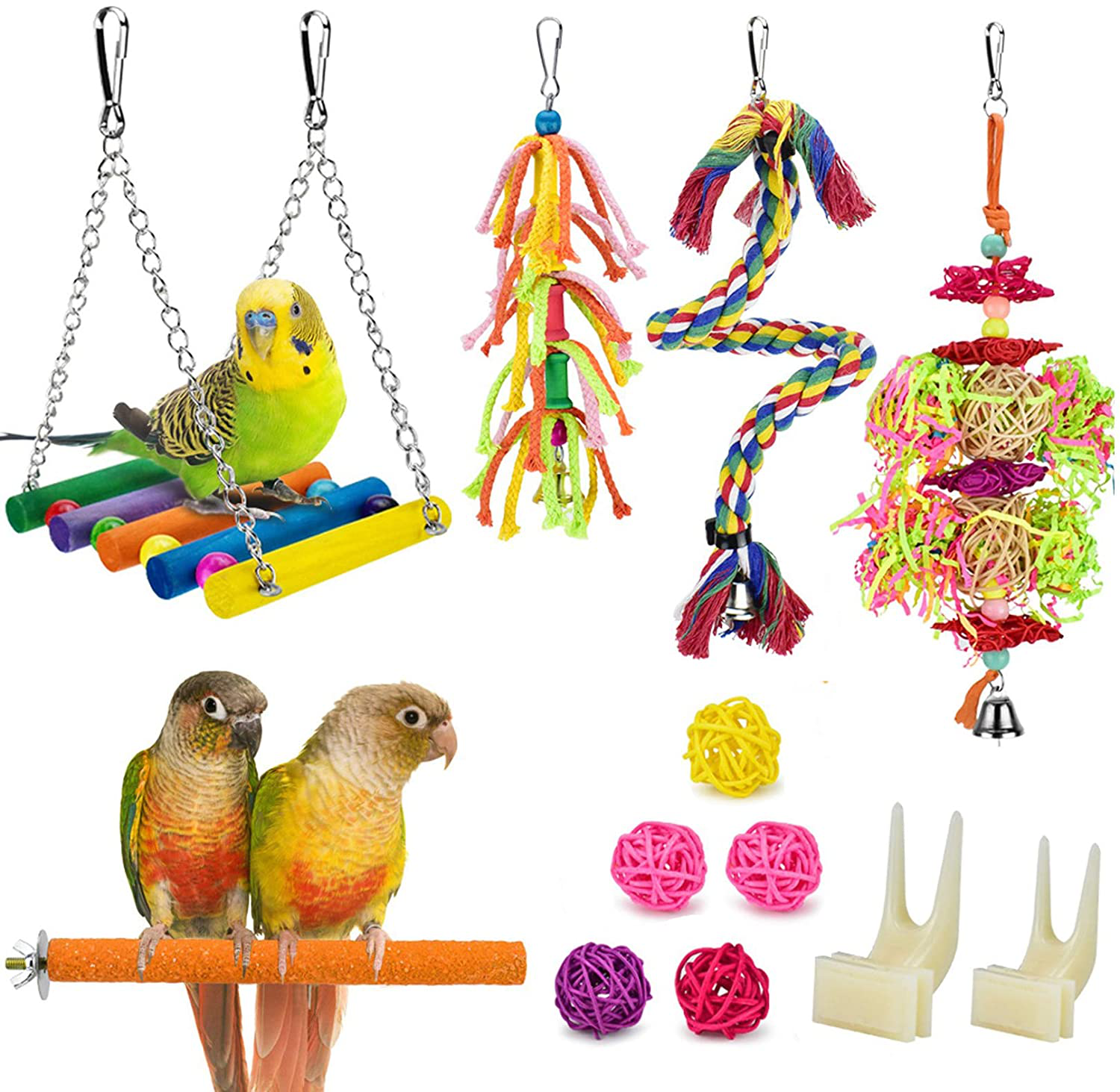KATUMO Bird Swing Toys, 12 Packs Parrot Chewing Hanging Toys with Bells Rattan Balls Bird Perch Climbing Rope Fruit Forks for Parakeet, Conures, Cockatiel, Mynah, Lovebirds, Finch, Small Pet Birds Animals & Pet Supplies > Pet Supplies > Bird Supplies > Bird Toys KATUMO   