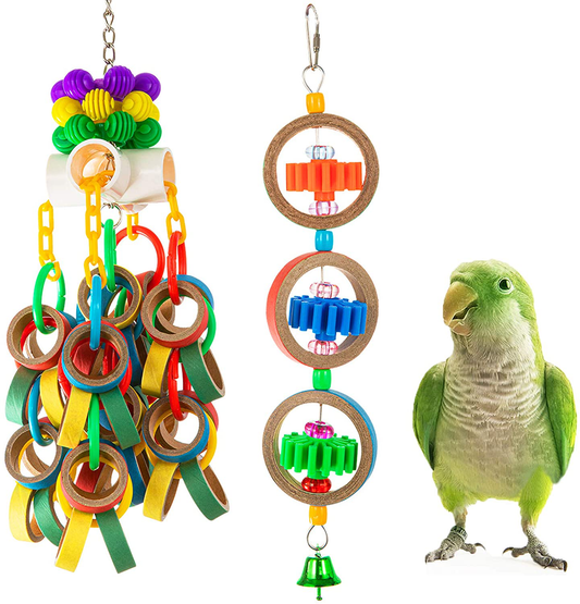 MEWTOGO 2Pcs Paper Rings Bird Chewing Toys- Olympic Rings Bird Toy + Colorful Bagel Cascade Parrot Toy Bird Biting Cardboard Ring Toy for Parakeets, Cockatiels, Conures Small to Medium Sized Birds