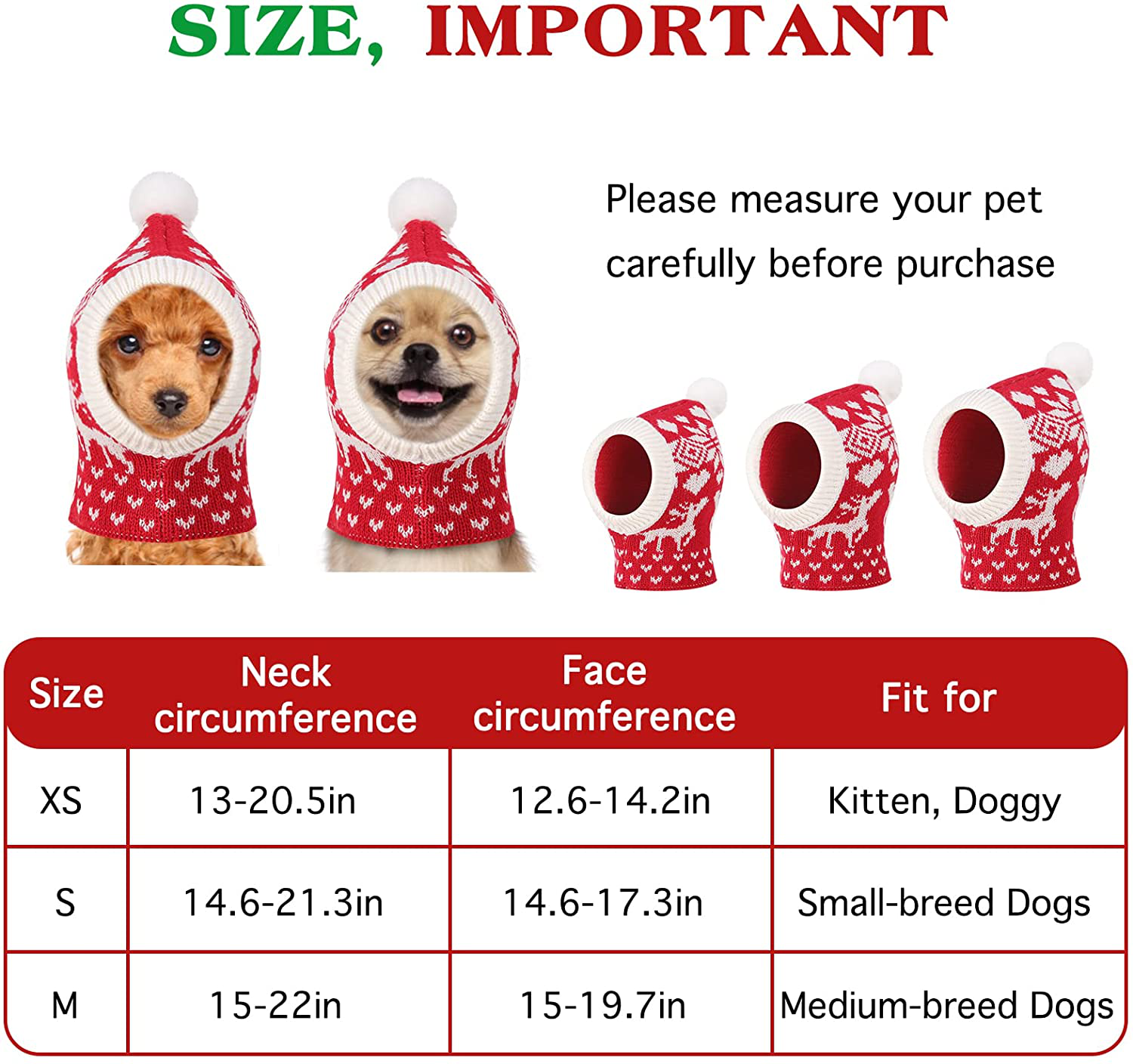 Pawaboo Christmas Pet Hat, Funny Knitted Pets Cap with Pompon, Cute Crocheted Snood Winter Warm Pet Hat, Neck Ear Warmer Hood Warm Scarf Xmas Decoration Santa Hat for Medium Dogs