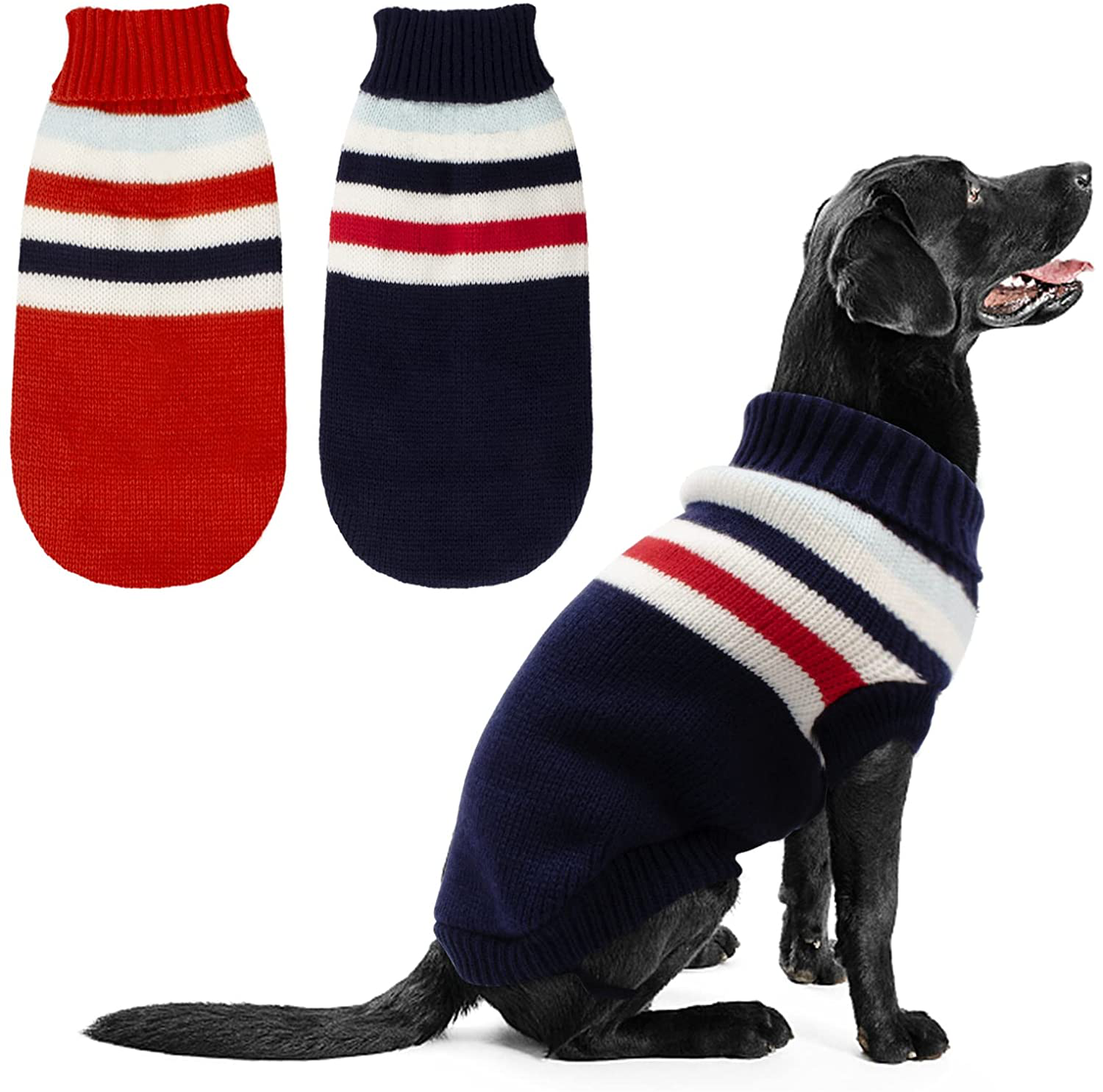 Rypet 2 Packs Striped Dog Sweater - Warm Knitted Sweater Soft Turtleneck Knitwear Dog Winter Clothes for Small Medium Large Dogs Animals & Pet Supplies > Pet Supplies > Dog Supplies > Dog Apparel Rypet Large (Pack of 2)  