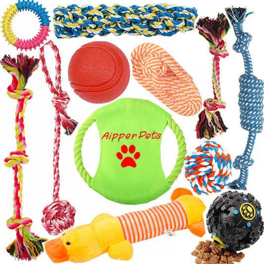 Aipper Dog Puppy Toys 12 Pack, Puppy Chew Toys for Playtime and Teeth Cleaning, IQ Treat Ball Squeak Toys and Dog Flying Disc Included, Puppy Teething Toys for Medium to Small Dogs, (Assorted Colors) Animals & Pet Supplies > Pet Supplies > Dog Supplies > Dog Toys Aipper   
