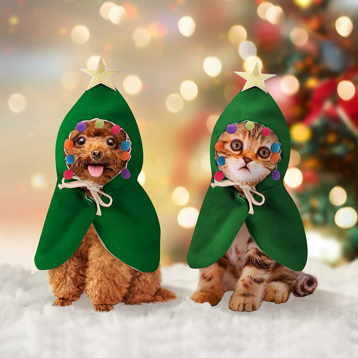 Lewondr Cat Dog Christmas Costume - Xmas Cloak with Star and Pompoms Pet Santa Cape with Santa Hat Party Cosplay Dressing up for Cats and Small Medium Dogs Christmas Outfit Clothes Costumes Animals & Pet Supplies > Pet Supplies > Cat Supplies > Cat Apparel Lewondr Green Small 