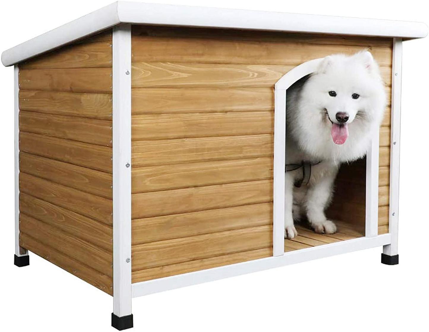 Petsfit Wooden Dog Houses Weatherproof for Small Dog Medium Dog Large Dogs Outdoor Dog Kennel with Raised Feet Animals & Pet Supplies > Pet Supplies > Dog Supplies > Dog Houses Petsfit Yellow and White Large/45.6" X 30.9" X 32.1" 