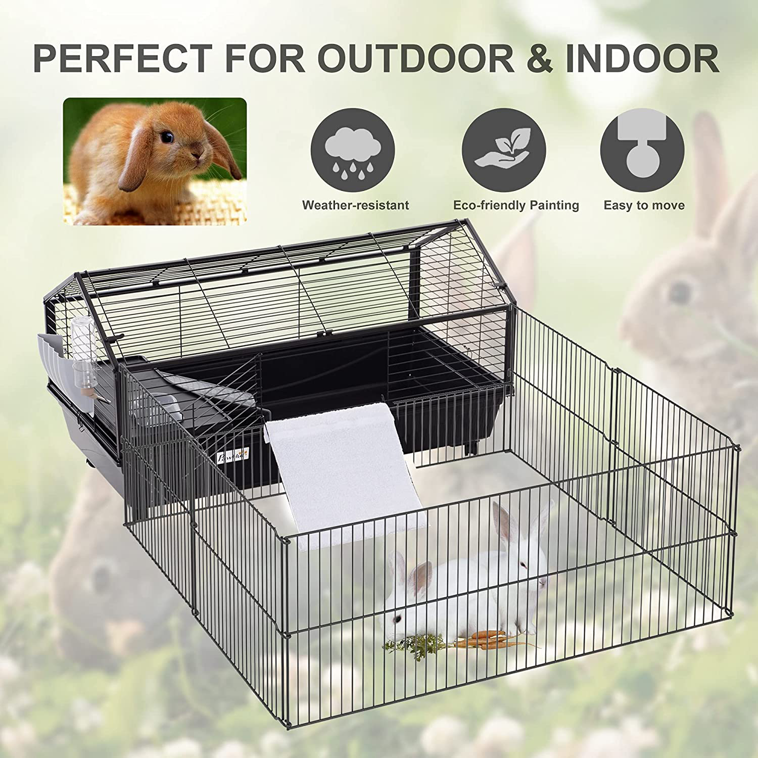 Pawhut Small Animal Cage with Main House and Run for Rabbit, Guinea Pig, Hamster Indoor and Outdoor