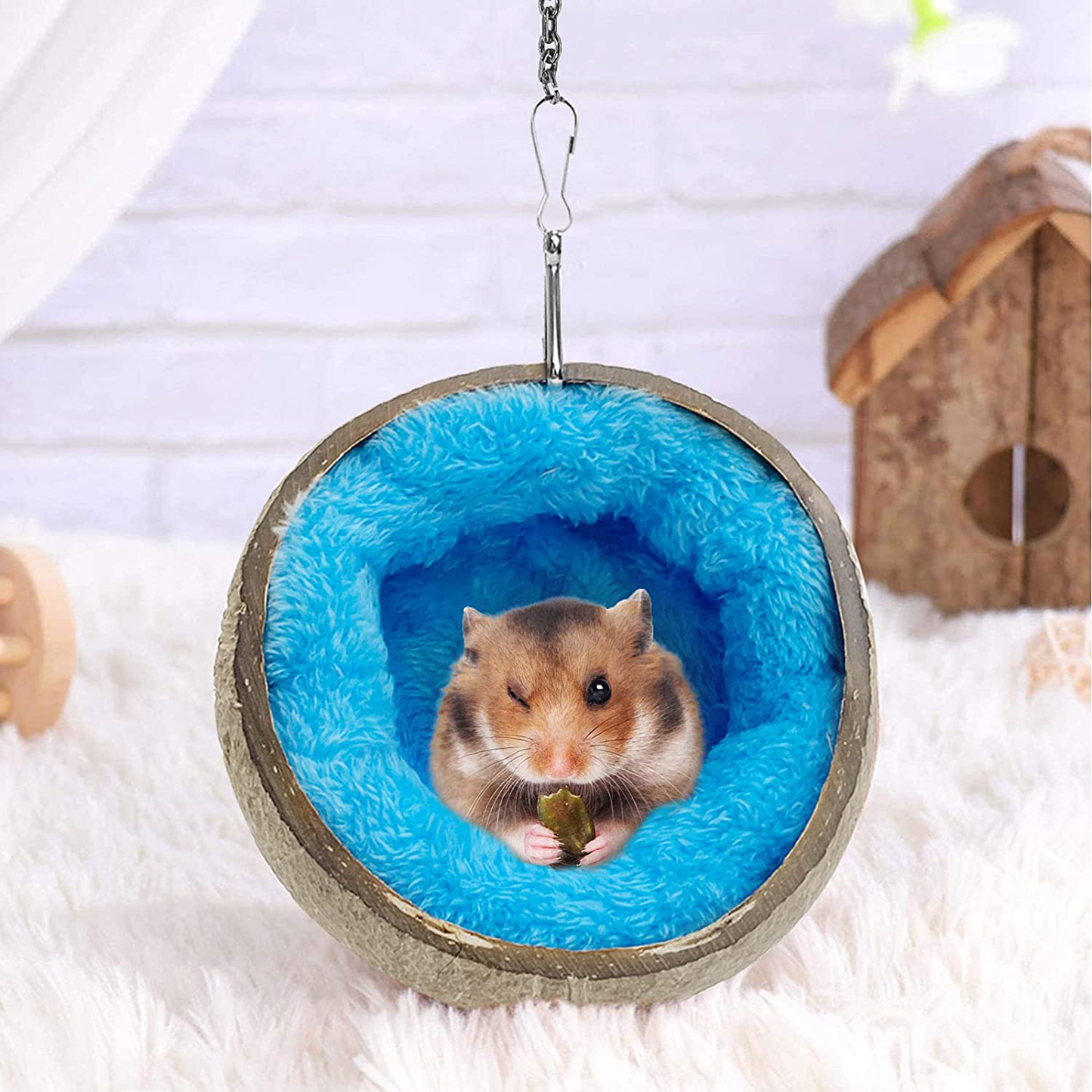 Ranslen Natural Coconut Hamster Hideout Hammock with Molar Toy,Suspension Coconut Husk Hamster Bed House with Warm Pad,Small Animal Habitat Decor Accessories Hanging Loop (Brown) Animals & Pet Supplies > Pet Supplies > Small Animal Supplies > Small Animal Habitat Accessories Ranslen   