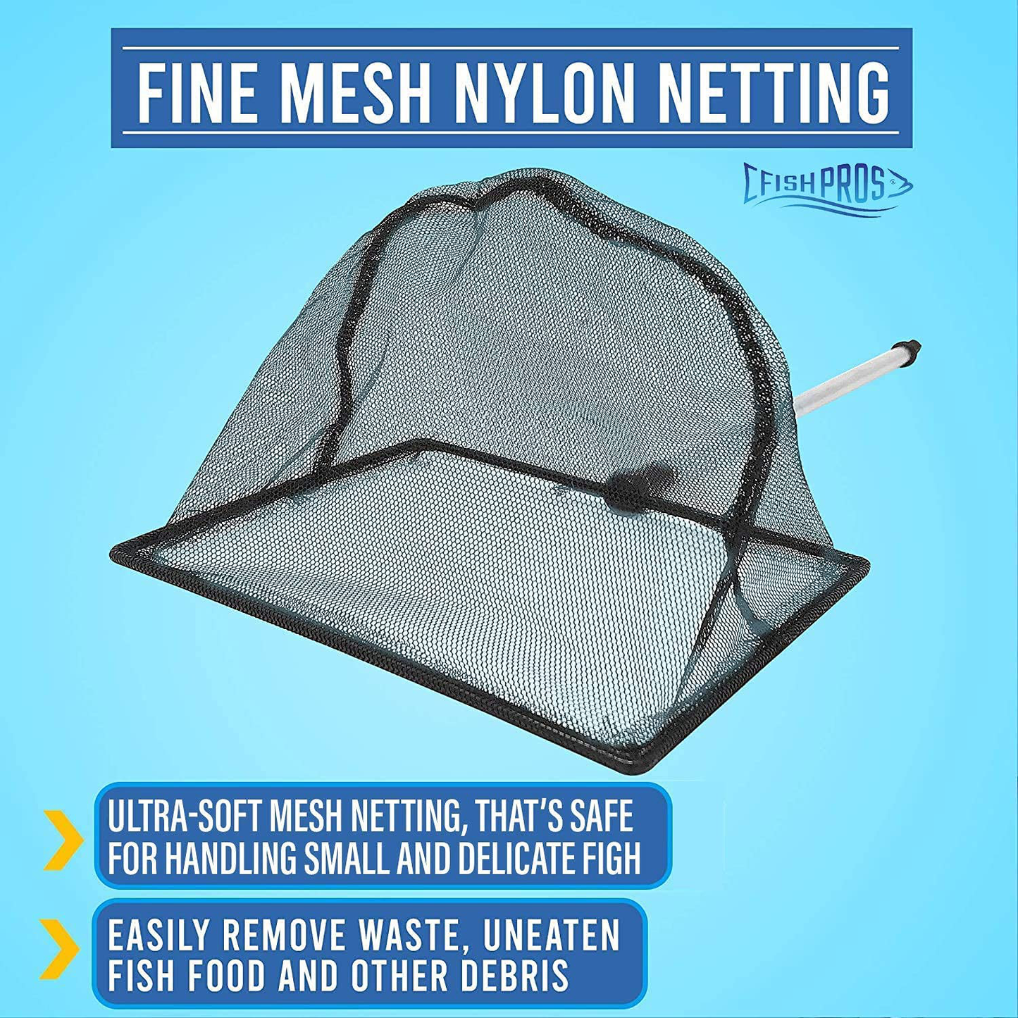 FISH PROS Fish Net for Fish Tank - 2.5 Inch Deep Mesh Scooper with Extendable Handle up to 24 Inches Long – Large Scoop, Telescopic Pond Skimmer Nets for Cleaning Tanks - Aquarium Accessories