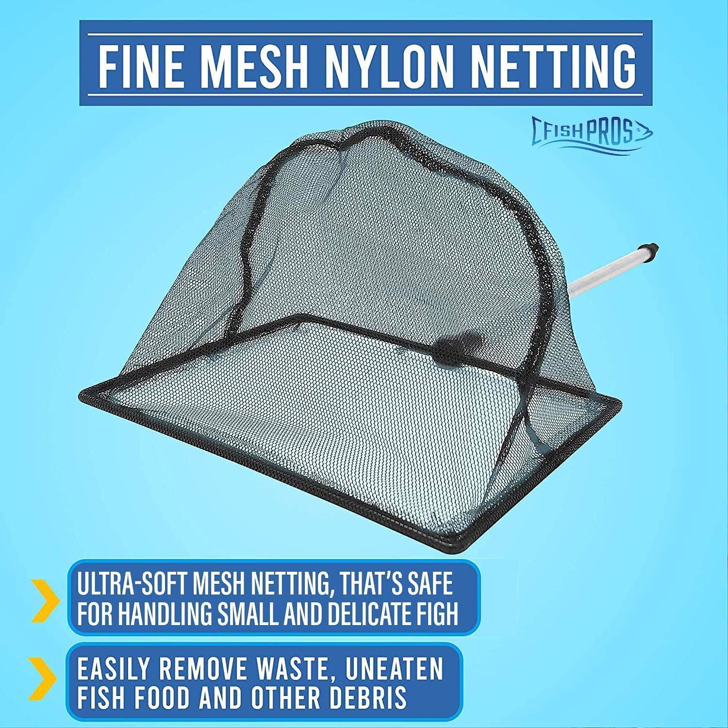 FISH PROS Fish Net for Fish Tank - 2.5 Inch Deep Mesh Scooper with Extendable Handle up to 24 Inches Long – Large Scoop, Telescopic Pond Skimmer Nets for Cleaning Tanks - Aquarium Accessories