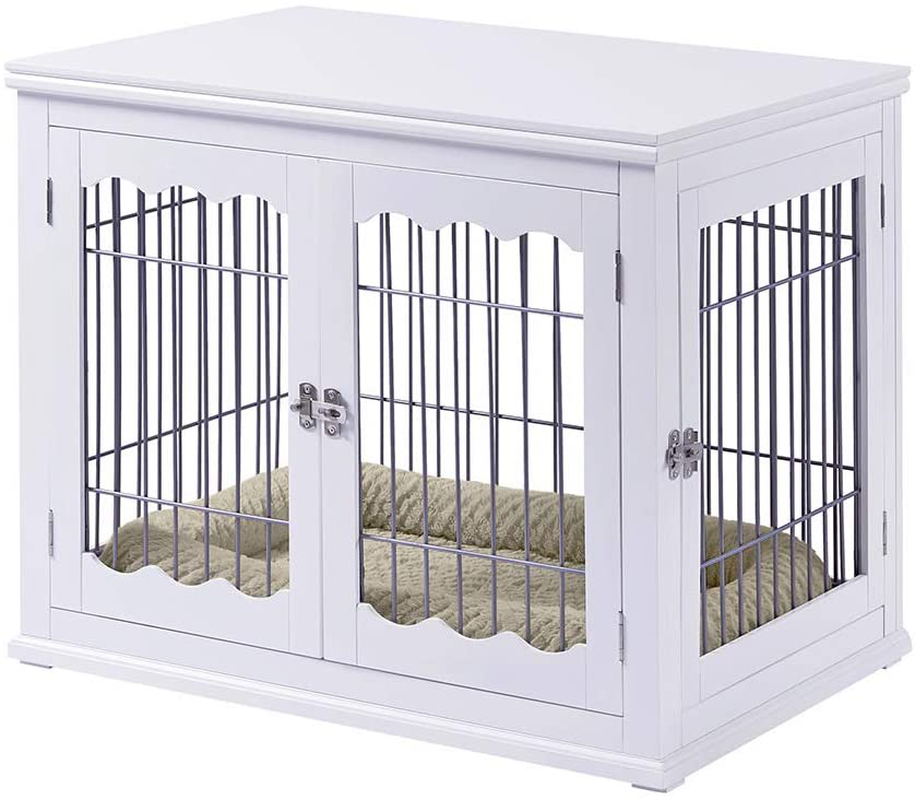 Unipaws Furniture Style Dog Crate End Table with Cushion, Wooden Wire Pet Kennels with Double Doors, Medium and Large Dog House Indoor Use Animals & Pet Supplies > Pet Supplies > Dog Supplies > Dog Kennels & Runs unipaws Medium, White  