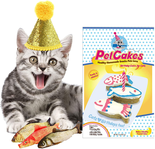 Petcakes Cat Organic Cat Birthday Cake Kit Turkey Flavor Cat Cake Treats 5Oz, 3 Piece Catnip Fish Cat Toy Pets Pillow Chew Plush Toys & Happy Birthday Gold Cats Cake Hat Animals & Pet Supplies > Pet Supplies > Cat Supplies > Cat Treats Primo Lines   