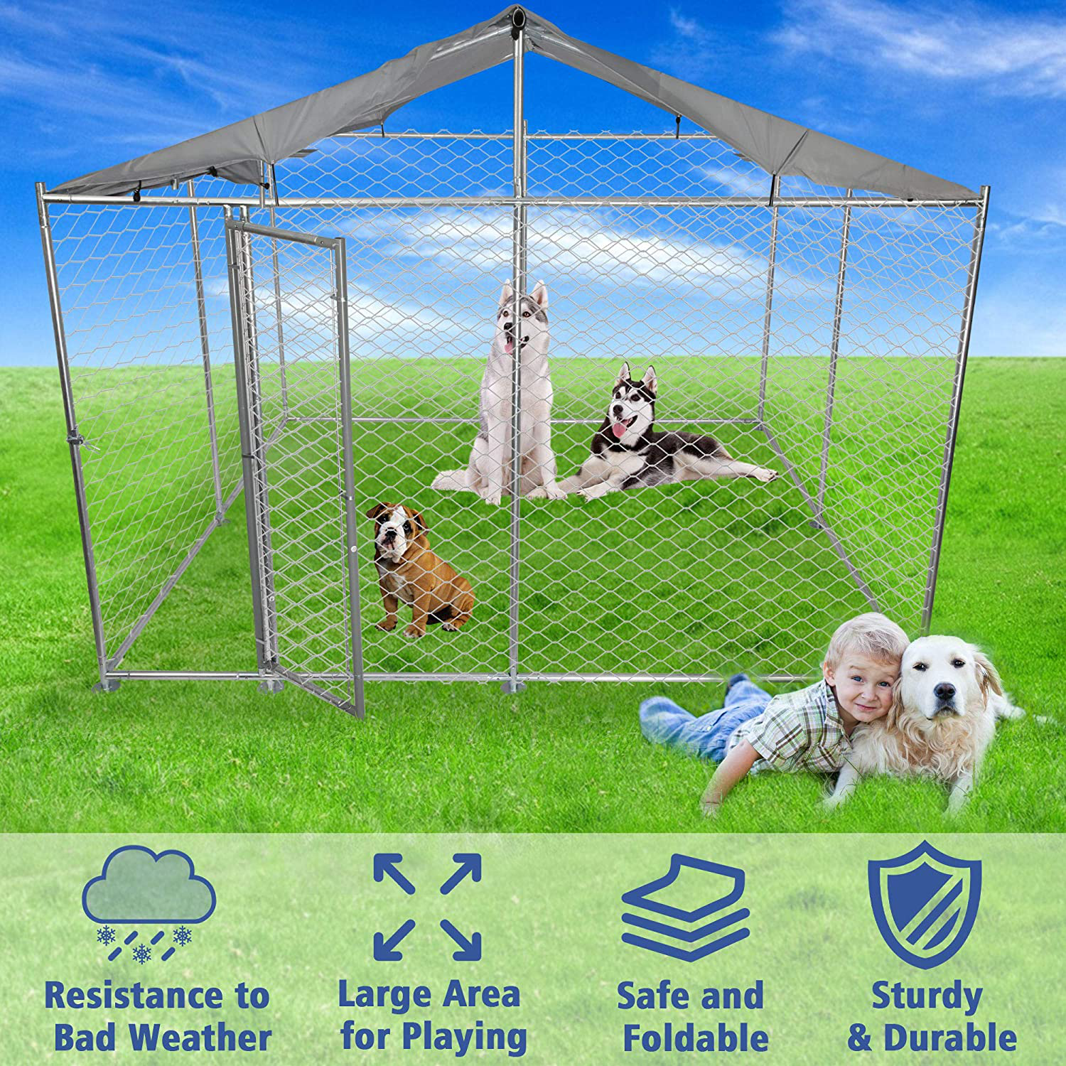 LUCKYERMORE Large Outdoor Dog Kennel Pet Playpen Dog Kennel for Training Chain-Link Mesh Sidewalls Lockable Single Door