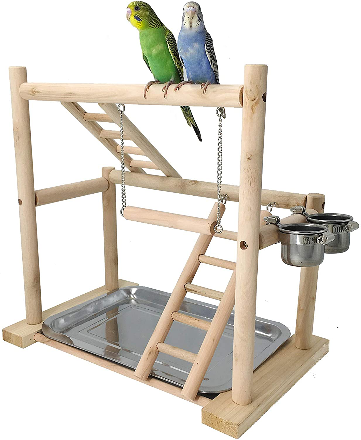 MINORPET Pet Bird Playpen, Wood Parrot Playstand Bird Playground Perch Gym Ladder with Toys Exercise Play, 2 Feeder Cups, Easy Assemble Animals & Pet Supplies > Pet Supplies > Bird Supplies > Bird Ladders & Perches MINORPET   