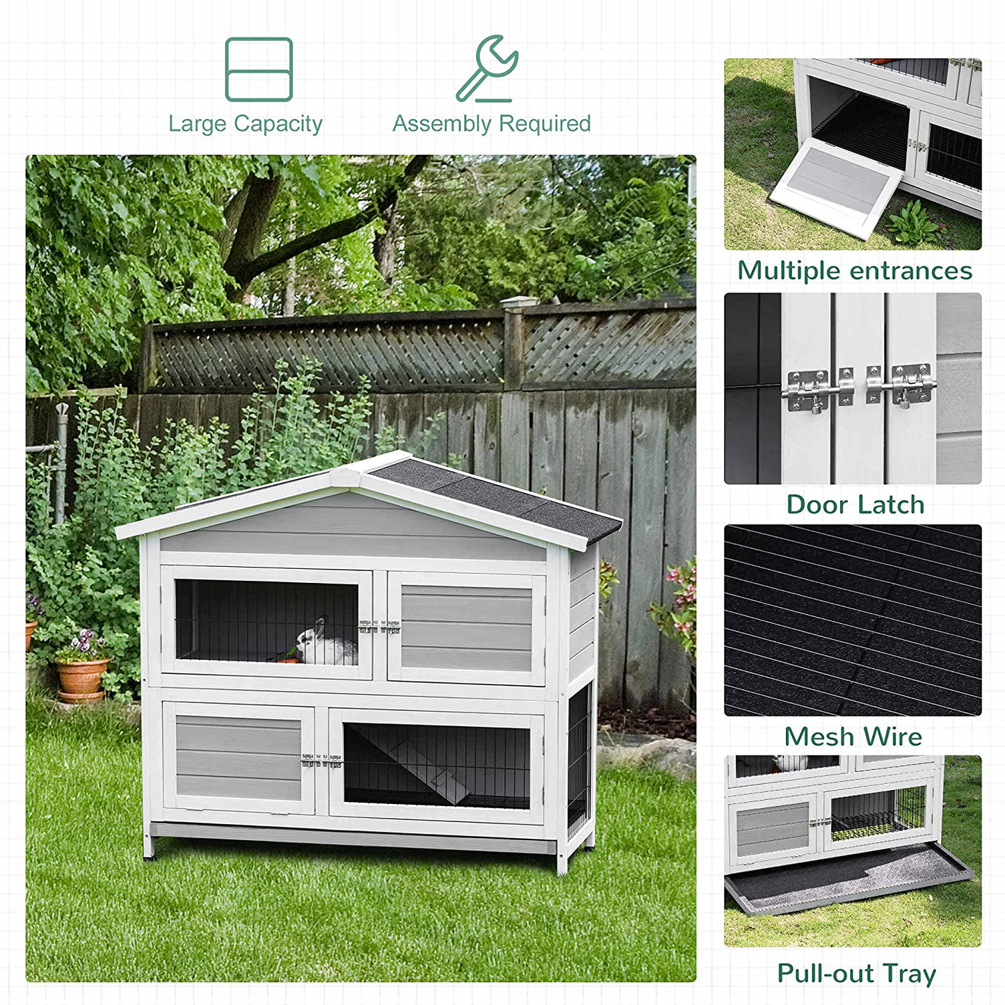 Pawhut 48" 2-Floor Large Rabbit Hutch Wooden Pet House Multi-Door Bunny Cage Small Animal Habitat with Ramp Slide-Out Tray Run Area Asphalt Roof Light Grey Animals & Pet Supplies > Pet Supplies > Small Animal Supplies > Small Animal Habitats & Cages PawHut   