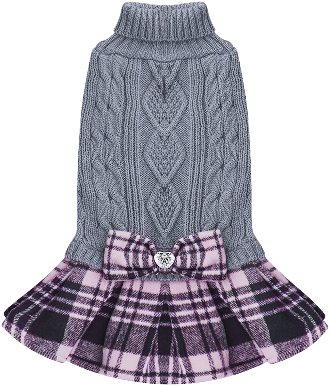 KYEESE Dog Sweater Dress with Leash Hole Plaid with Bowtie Turtleneck Dog Pullover Knitwear Pet Sweater Warm for Fall Winter Animals & Pet Supplies > Pet Supplies > Dog Supplies > Dog Apparel KYEESE Grey X-Large (Pack of 1) 