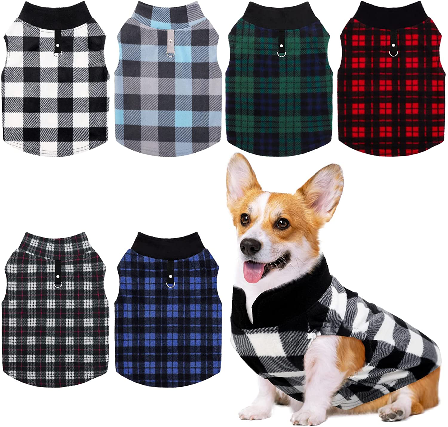 Pedgot 6 Pieces Dog Clothes Warm Dog Fleece Vest with Leash Ring Dog Sweatshirt Winter Pet Clothes Dog Pullover for Puppy Small Dogs Cat Animals & Pet Supplies > Pet Supplies > Dog Supplies > Dog Apparel Pedgot Plaid Large 