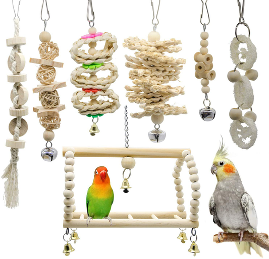 Deloky 7 Packs Bird Parrot Swing Chewing Toys-Hanging Bell Bird Cage Toys Suitable for Small Parakeets, Cockatiels, Conures, Finches,Budgie,Macaws, Parrots, Love Birds Animals & Pet Supplies > Pet Supplies > Bird Supplies > Bird Cage Accessories Deloky   