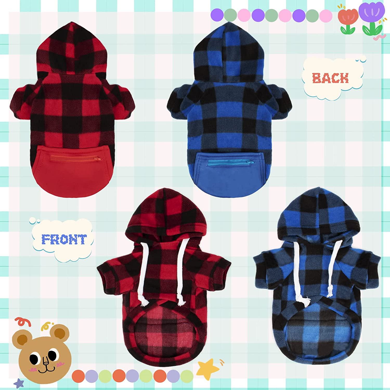 Rypet 2 Packs Plaid Dog Hoodie Sweatshirt Sweater for Dogs Pet Clothes with Hat and Pocket Warm Puppy Sweater for Small Dogs Girl & Boy
