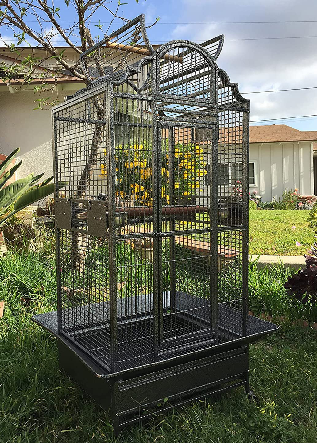 Large Elegant and Durable Wrought Iron Open/Close Play Top Bird Parrot Cage, Include Metal Seed Guard Solid Metal Feeder Nest Doors Animals & Pet Supplies > Pet Supplies > Bird Supplies > Bird Cages & Stands Mcage Black Vein 24''L x 22''W x 63''H 
