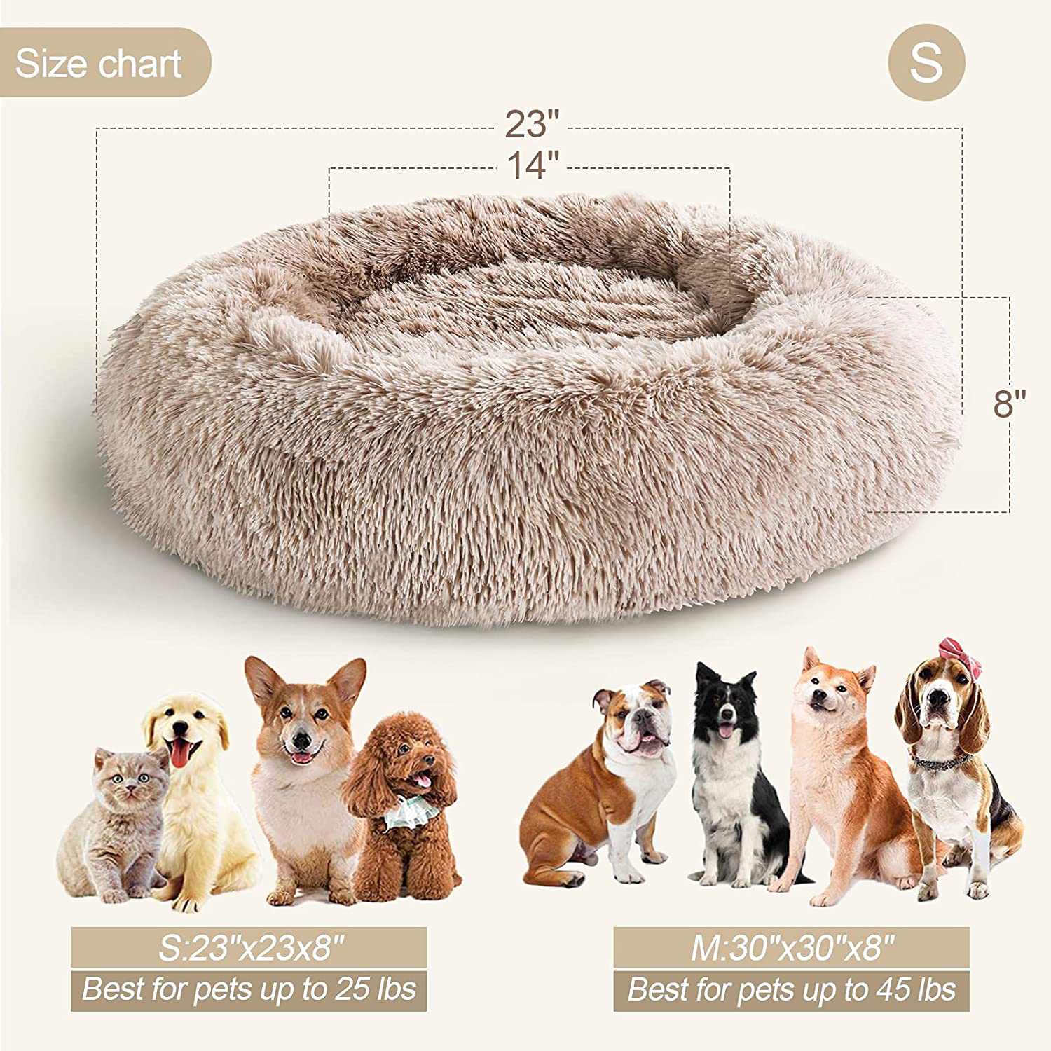 COOSLEEP HOME Calming Dog Bed for Dog & Cat with Faux Fur Donut Cuddler and Non-Slip, Waterproof Base, Machine Washable, Durable (23"/30")
