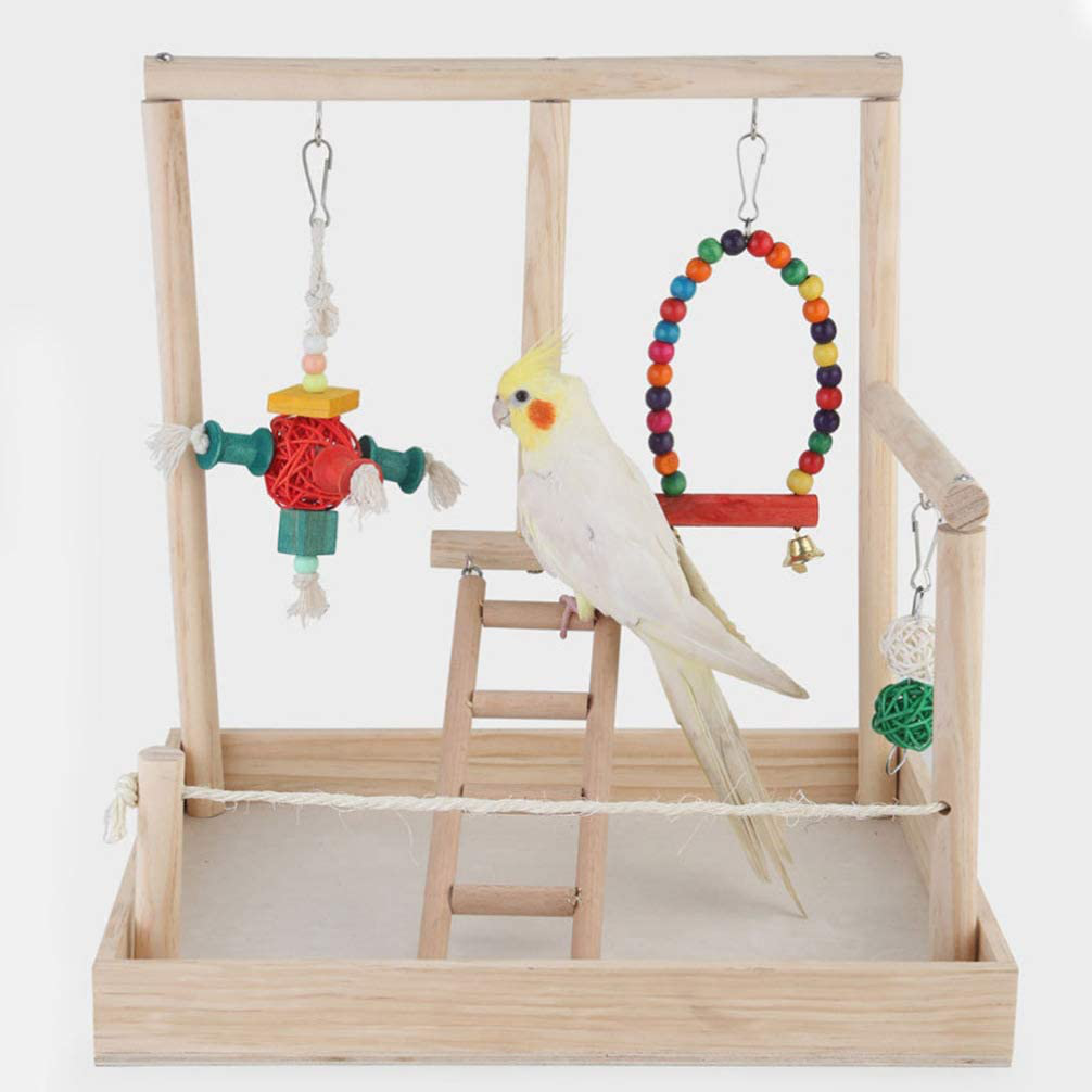 POPETPOP Wooden Bird Play Stand with Swing Perch Chewing Toy Ladder Play Gym Playground Activity Toy for Parakeets Budgie Cockatiels Animals & Pet Supplies > Pet Supplies > Bird Supplies > Bird Gyms & Playstands POPETPOP   