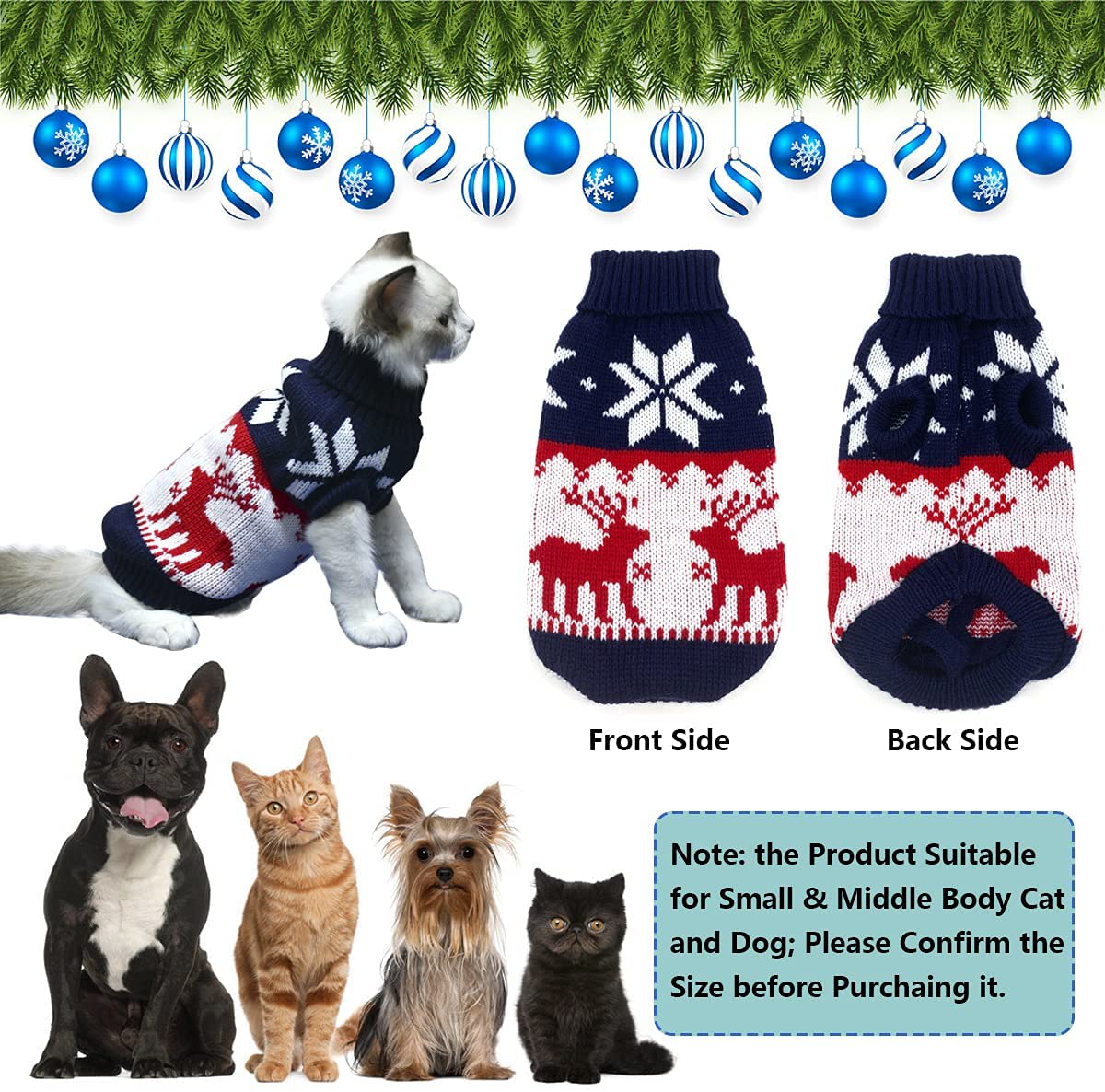 Vehomy Pet Puppy Christmas Sweater Cat Winter Knitwear Xmas Clothes Navy Blue Sweater with Reindeers Snowflakes Pattern Dog Warm Argyle Sweater Coat for Kittens Small Dogs Cats