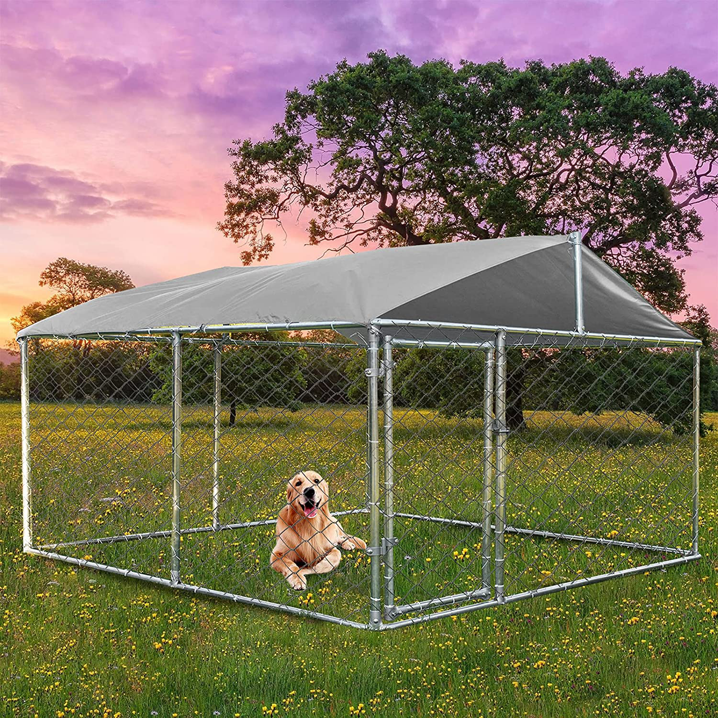 LEISU Outdoor Dog Kennel Heavy Duty Dog House with Water Resistant Cover Dog Cage Pet Resort Kennel Steel Fence with Secure Lock Mesh Sidewalls Animals & Pet Supplies > Pet Supplies > Dog Supplies > Dog Houses LEISU   