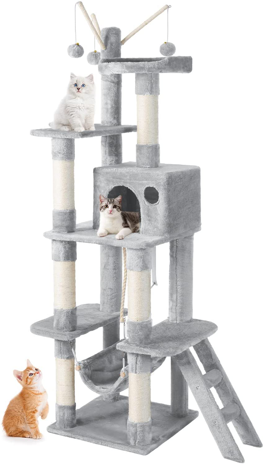 JOYO Cat Tree for Indoor Cats, 65.5 Inches Multi-Level Cat Tower Cat Tree with Hammock, Scratching Posts, Top Perch, Ladder, Cat Activity Tree Cat Condo with Toys, Cat Climbing Tower for Kitten Play Animals & Pet Supplies > Pet Supplies > Cat Supplies > Cat Furniture JOYO Grey 65.5" 