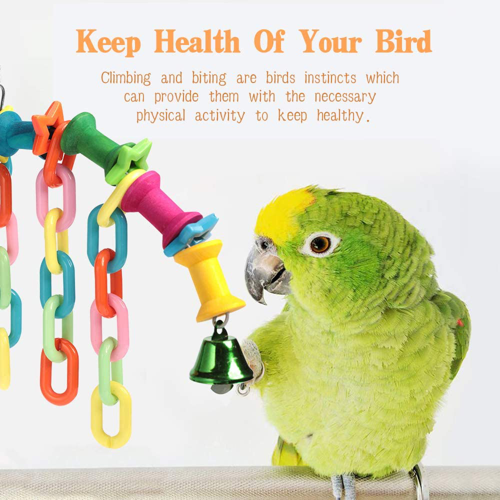 Shellkingdom Parrot Toys,Bird Hanging Wooden Ladder and Bird Hammock Chew Perches Cage Finch Toy with Bells for Bird Macaws Cockatiels Parakeets African Grey Parrot Lorikeets Conures Animals & Pet Supplies > Pet Supplies > Bird Supplies > Bird Ladders & Perches ShellKingdom   