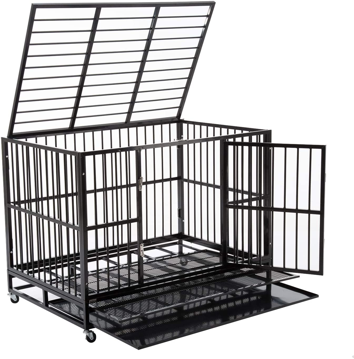 PANEY Large Heavy Duty Rolling Dog Cage Crate Kennel Metal Pet Playpen W/Wheels Double Door