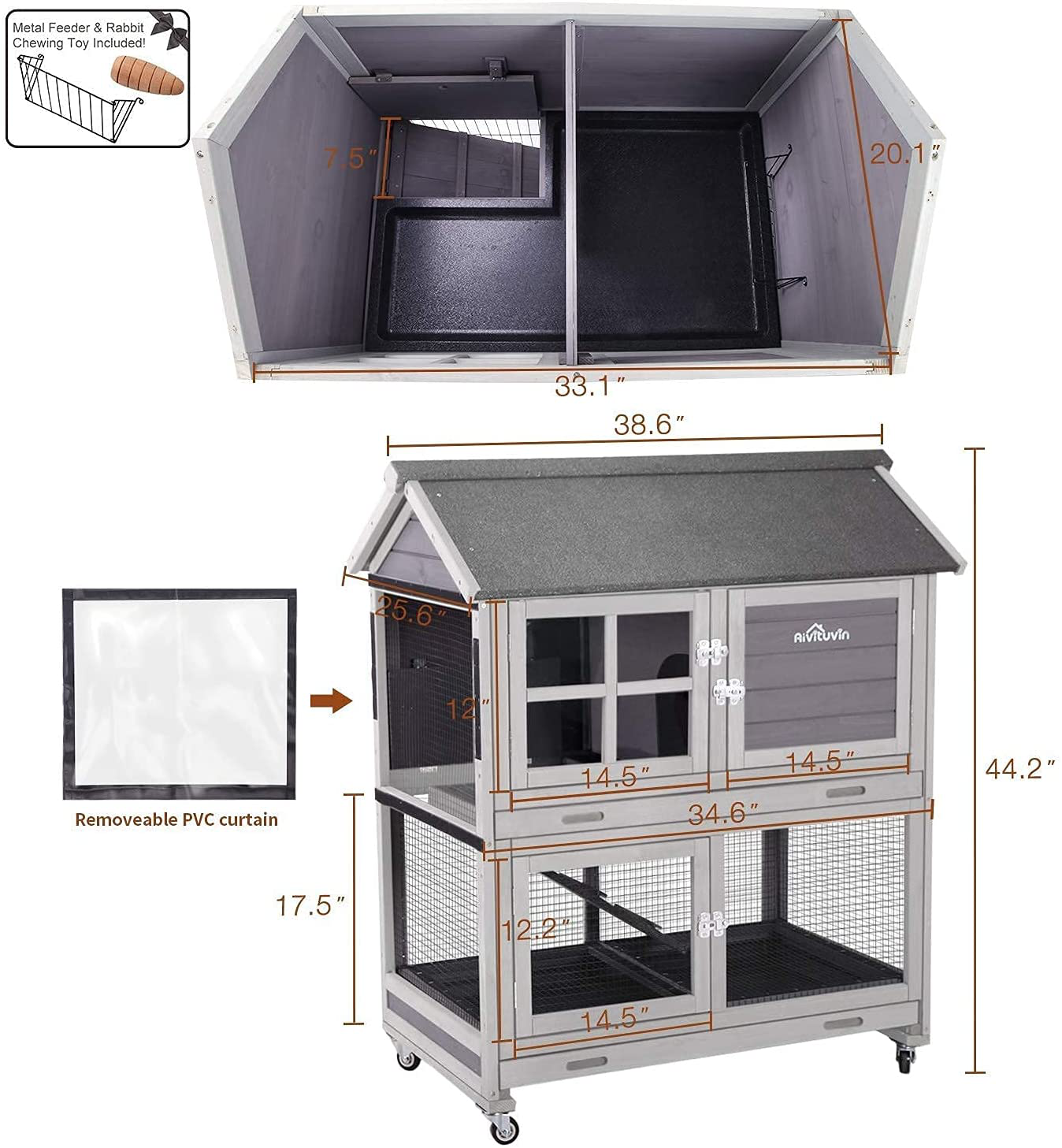 Rabbit Hutch Indoor Rabbit Cage for Small Animals Outdoor Bunny Cage with Movable Wire Netting, Guinea Pig Habitat on Wheels,Pull Out Leak Proof Tray (Grey+Camel)