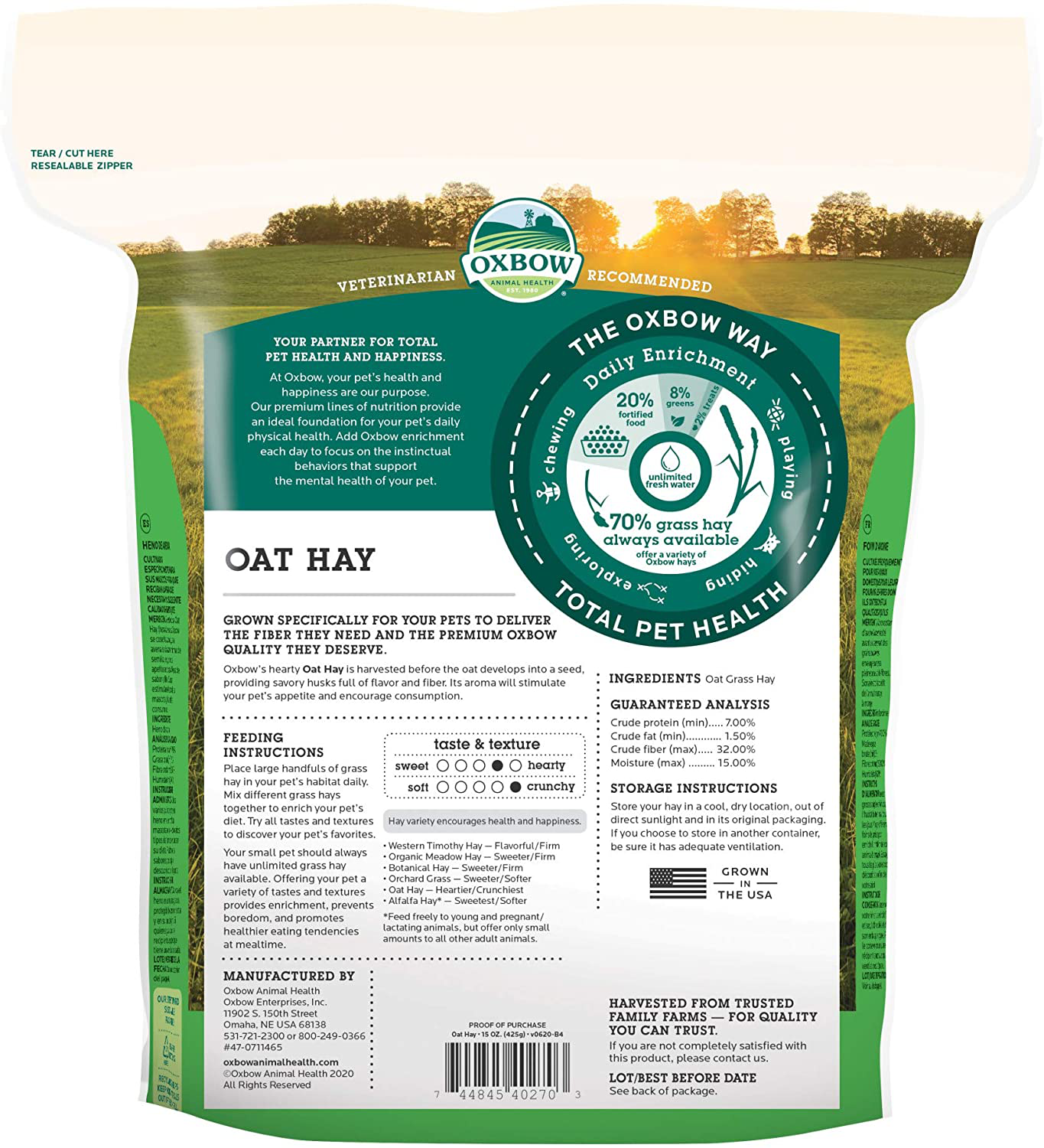 Animal Health Oat Hay - All Natural Hay for Rabbits, Guinea Pigs, Chinchillas, Hamsters & Gerbils - 15 Animals & Pet Supplies > Pet Supplies > Small Animal Supplies > Small Animal Food Oxbow   