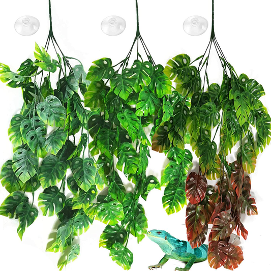 PINVNBY Reptile Plants Hanging Terrarium Plastic Fake Vines Lizards Climbing Decor Tank Habitat Decorations with Suction Cup for Bearded Dragons Geckos Snake Hermit Crab 3PCS