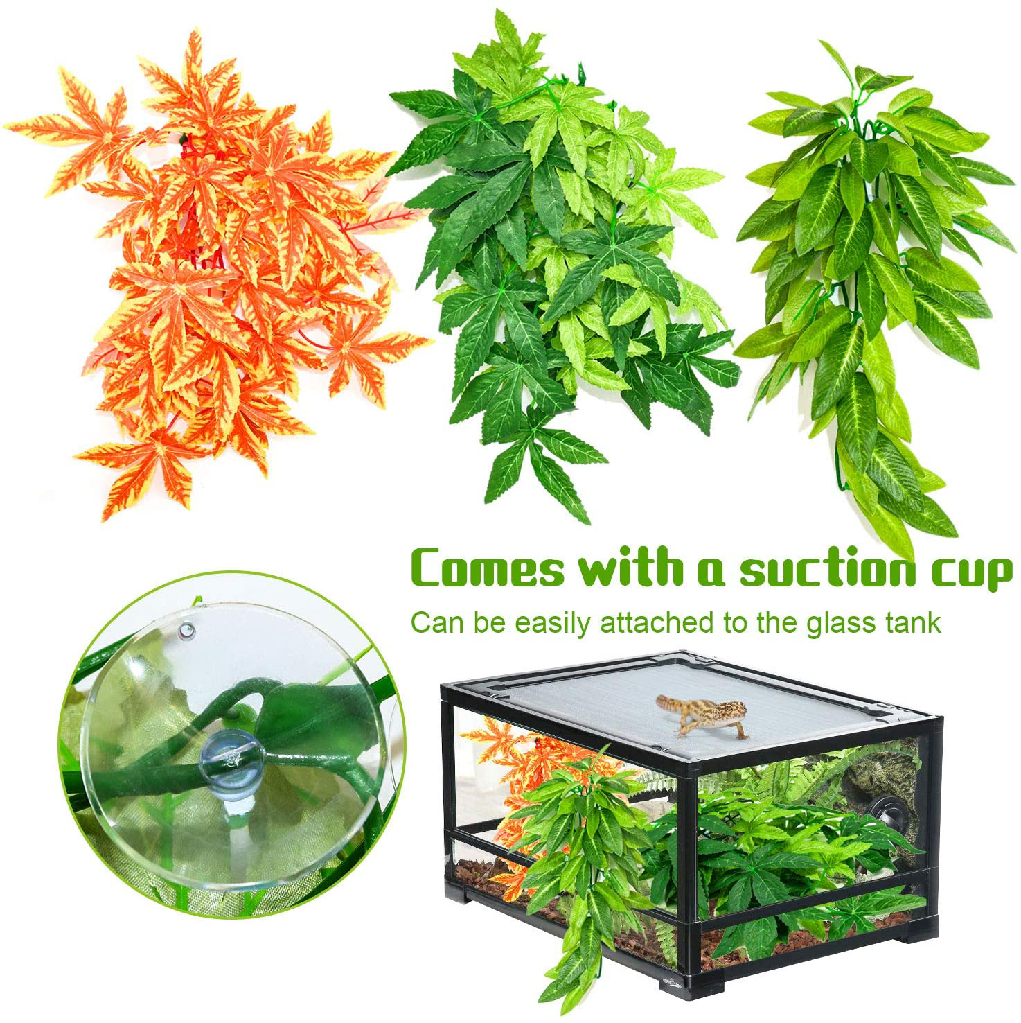 HYLYUN 3 Pack Reptile Plants - Hanging Silk Terrarium Plant with Suction Cup for Bearded Dragons Lizards Geckos Snake Hermit Crab Tank Habitat Decorations