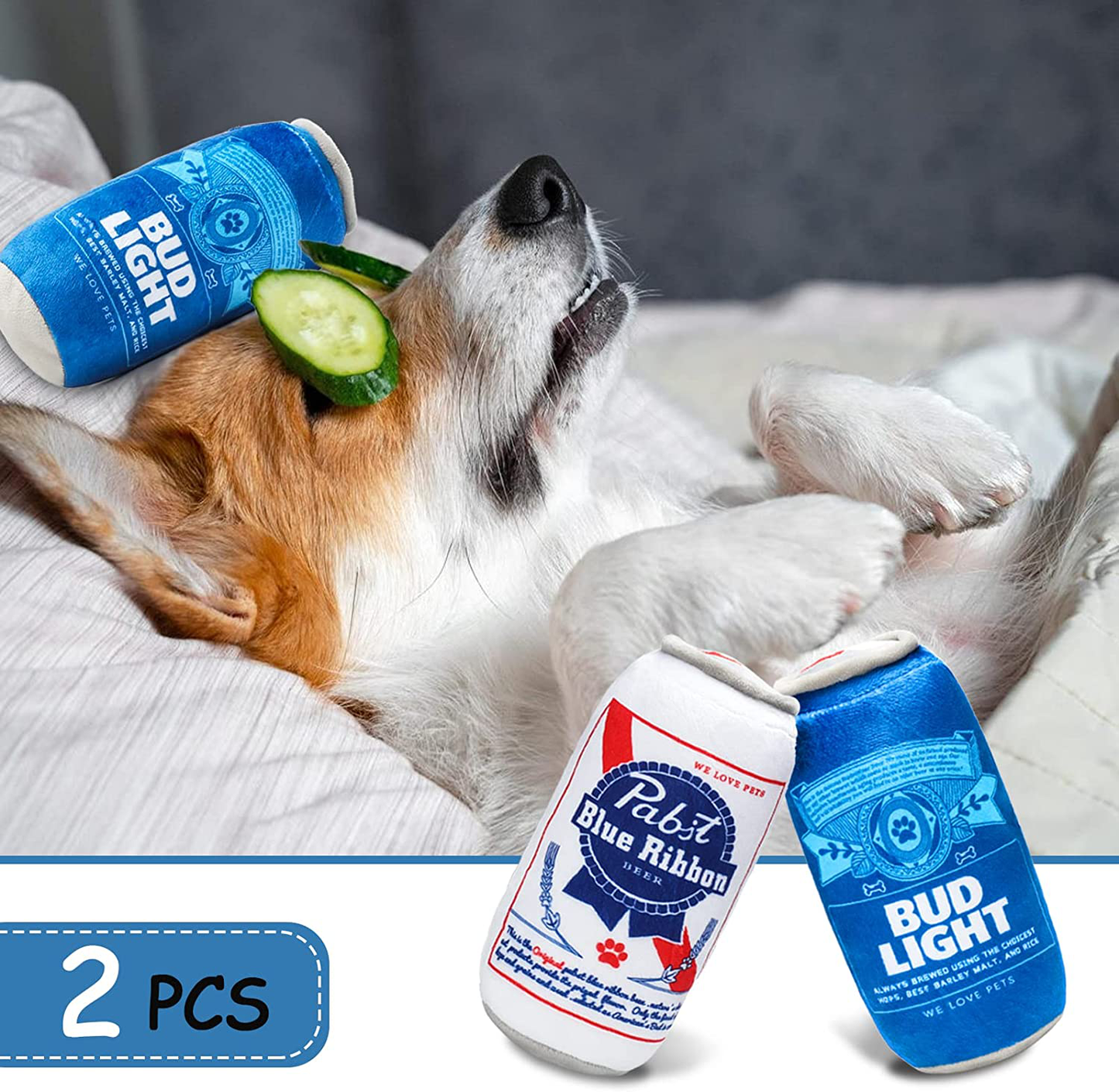 Bud Light & Pabjt Blue Ribbon - Squeaky Plush Dog Toys - Two Pack Funny Dog Drinks Toys for Medium, Small, Large - Beer Can Dog Chew Toy, Cute Dog Gifts for Dog Birthday, Durable and Non Toxic Animals & Pet Supplies > Pet Supplies > Dog Supplies > Dog Toys Cemocle   