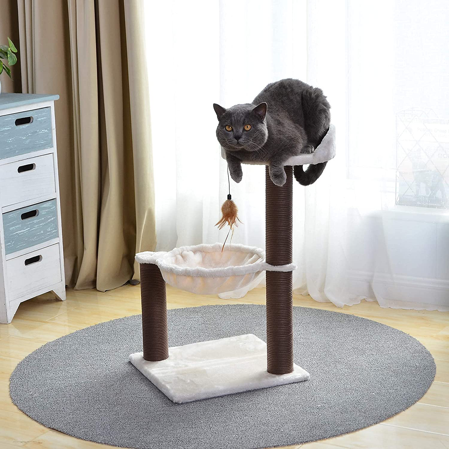 Catry Cat Tree with Feather Toy - Cozy Design of Cat Hammock Allure Kitten to Lounge In, Cats Love to Lazily Recline While Playing with Feather Toy and Scratching Post, (Innovative Arrival) Animals & Pet Supplies > Pet Supplies > Cat Supplies > Cat Furniture Catry   