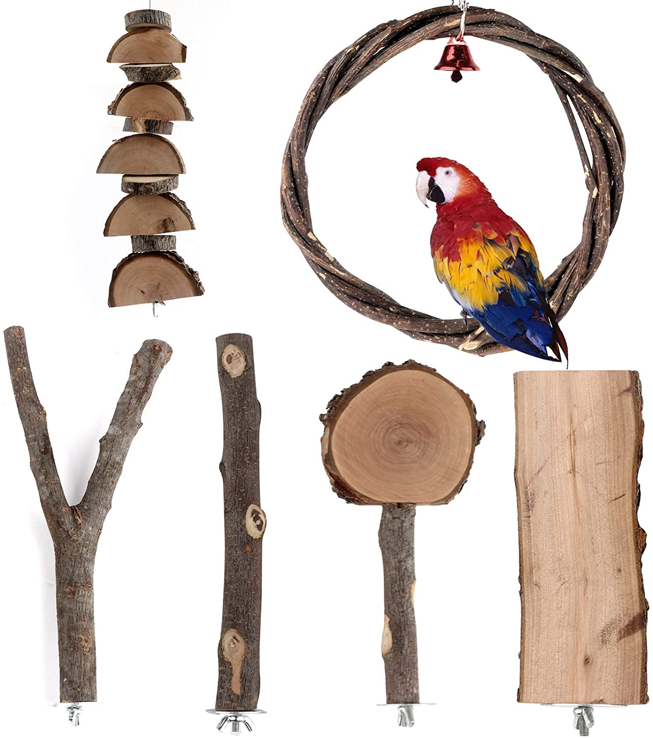 Bird Perch Stand Toy Set Natural Wooden Parrot Stand Branch with round Platform Paw Grinding Stick Bird Exercise Training Climbing Toys for Bird Cage Accessories Animals & Pet Supplies > Pet Supplies > Bird Supplies > Bird Cage Accessories HOSUKKO Wooden 6PCS  