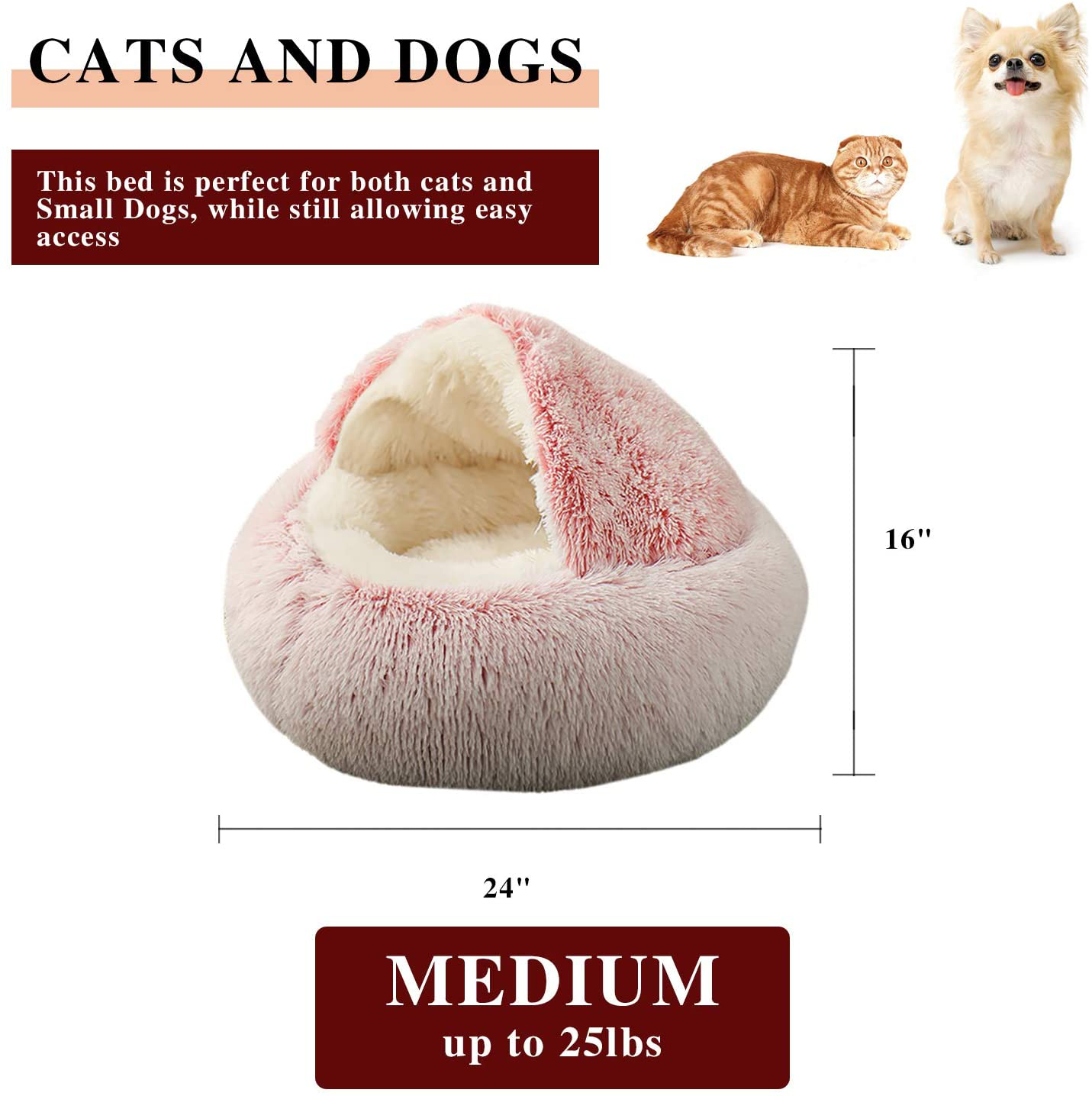 KWEWIK Cat Bed round Soft Plush Burrowing Cave Hooded Cat Bed Donut for Dogs & Cats, Faux Fur Cuddler round Comfortable Self Warming Pet Bed, Machine Washable, Waterproof Bottom Animals & Pet Supplies > Pet Supplies > Cat Supplies > Cat Beds KWEWIK   