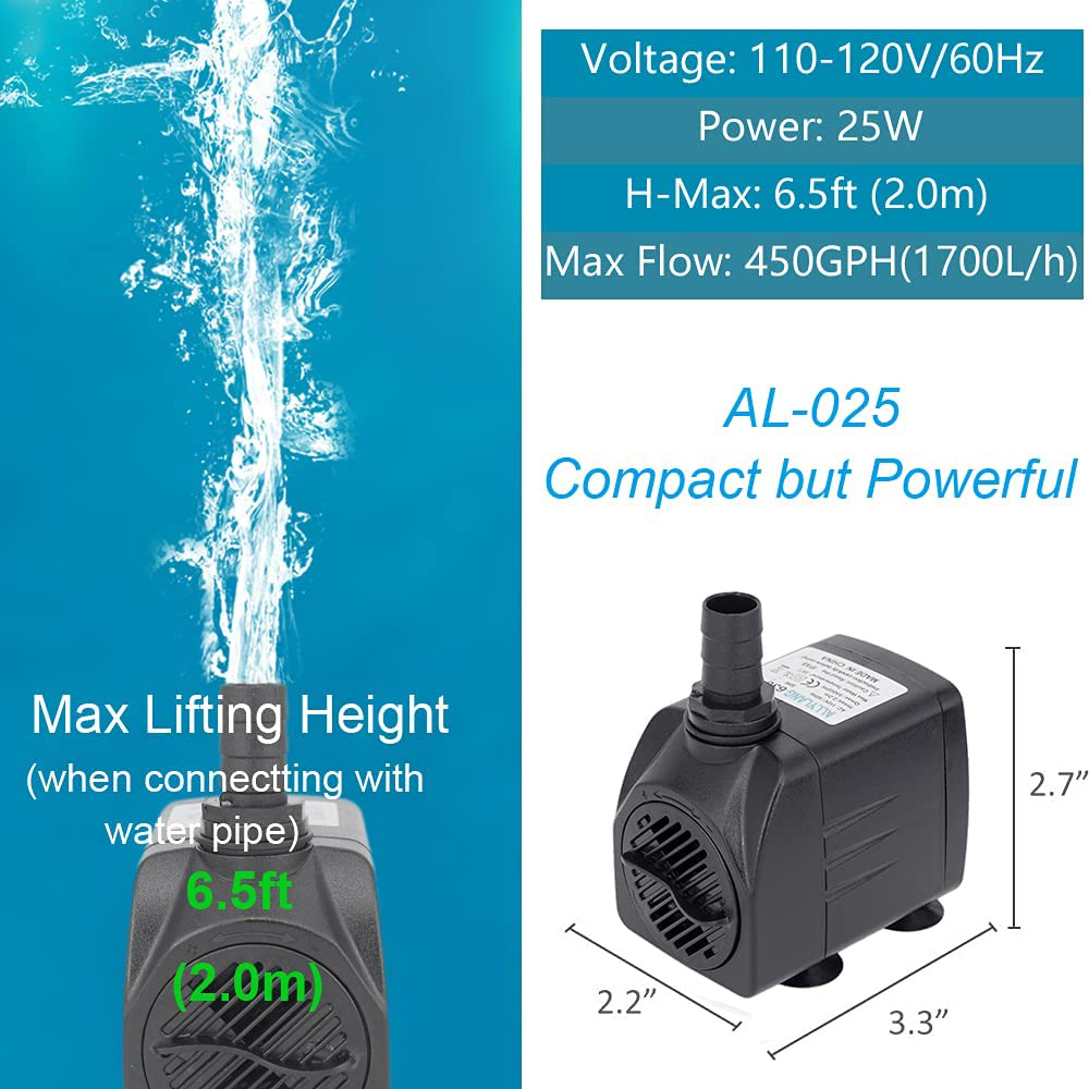 ALLYLANG 450GPH Submersible Pump 25W Ultra Quiet Fountain Water Pump, 2000L/H, with 6.5Ft High Lift, 3 Nozzles, 4.9 Feet Tubing for Aquarium, Fish Tank, Pond, Hydroponics, Statuary (450GPH) Animals & Pet Supplies > Pet Supplies > Fish Supplies > Aquarium & Pond Tubing ALLYLANG   
