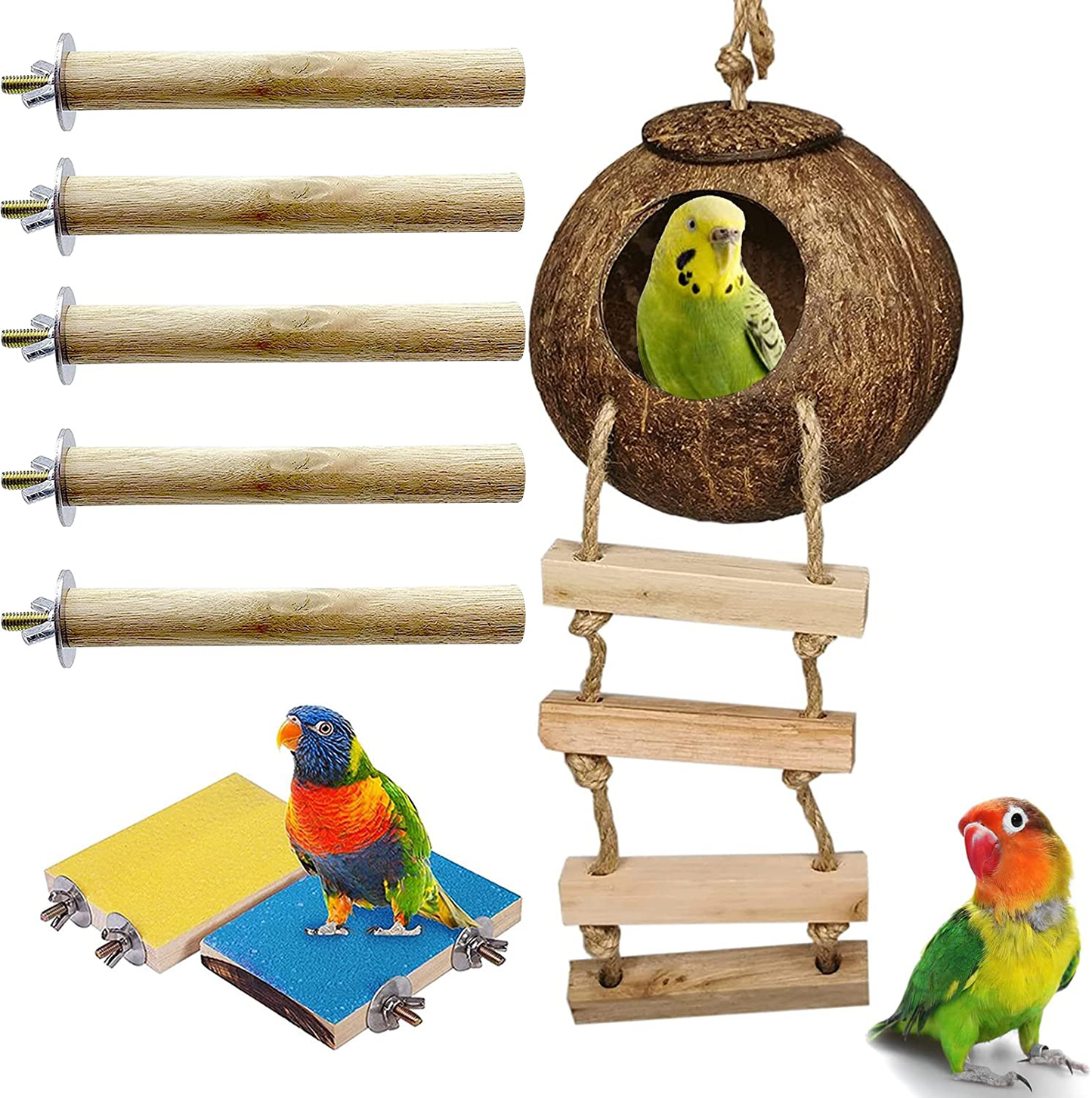 Hamiledyi Natural Coconut Bird Nest with Ladder, Hanging Fiber Shell Birds House Parrot Hut Pets Hideaway Avians Perch Stand Platform for Parakeet Lovebirds Canary Animals & Pet Supplies > Pet Supplies > Bird Supplies > Bird Ladders & Perches Hamiledyi   