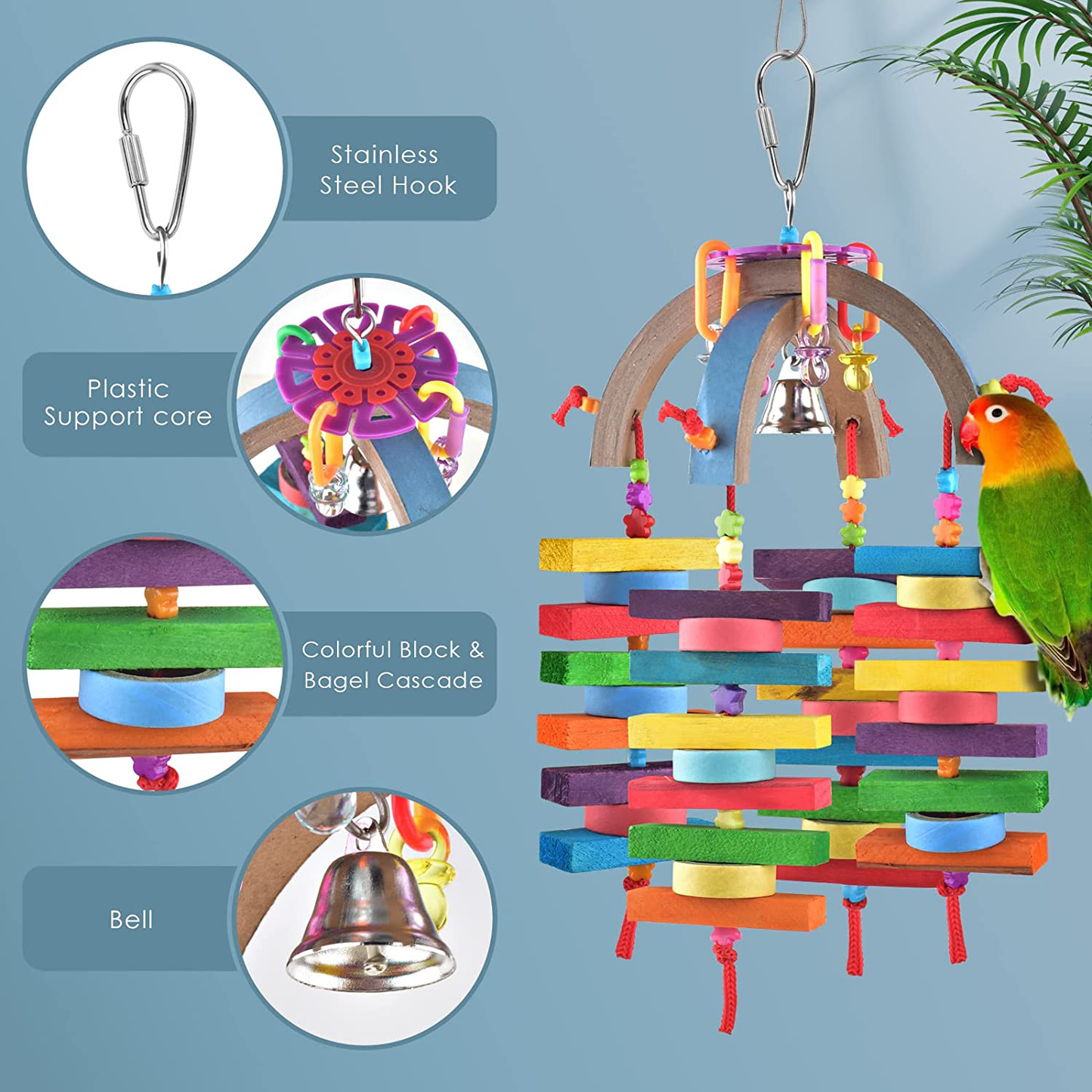 Bissap Cockatiel Toys, Wooden Blocks Bagel Cascade Bird Conure Chew Toy for Pets Cockatoo Parakeet Budgies Cockatiel Conure Lovebirds Cage Bite Jingle Bells Toy Animals & Pet Supplies > Pet Supplies > Bird Supplies > Bird Toys Bissap   